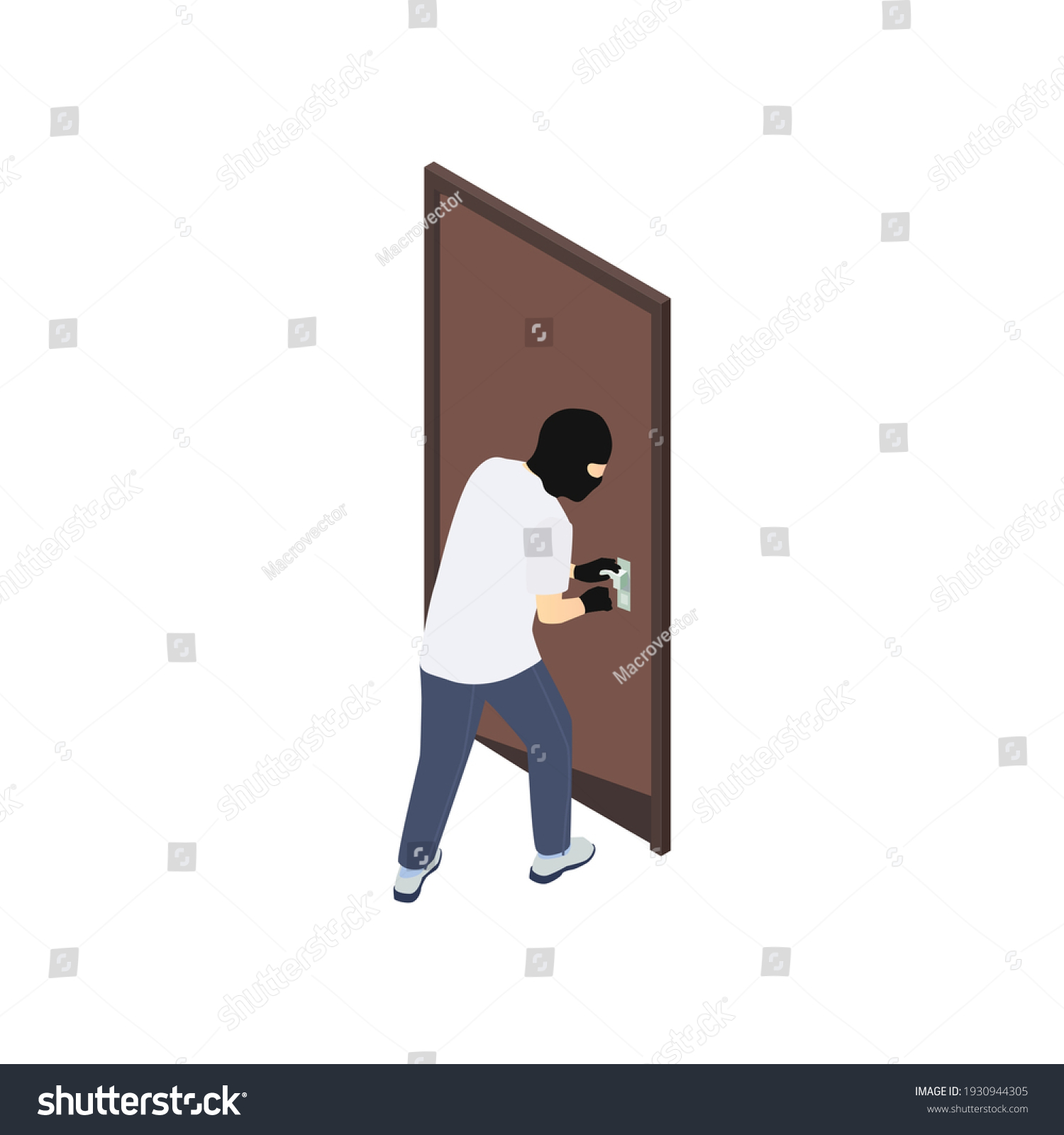 recommend clip art: Gang crime robbery stealing isometric composition with character of robber smashing apartment door vector illustration