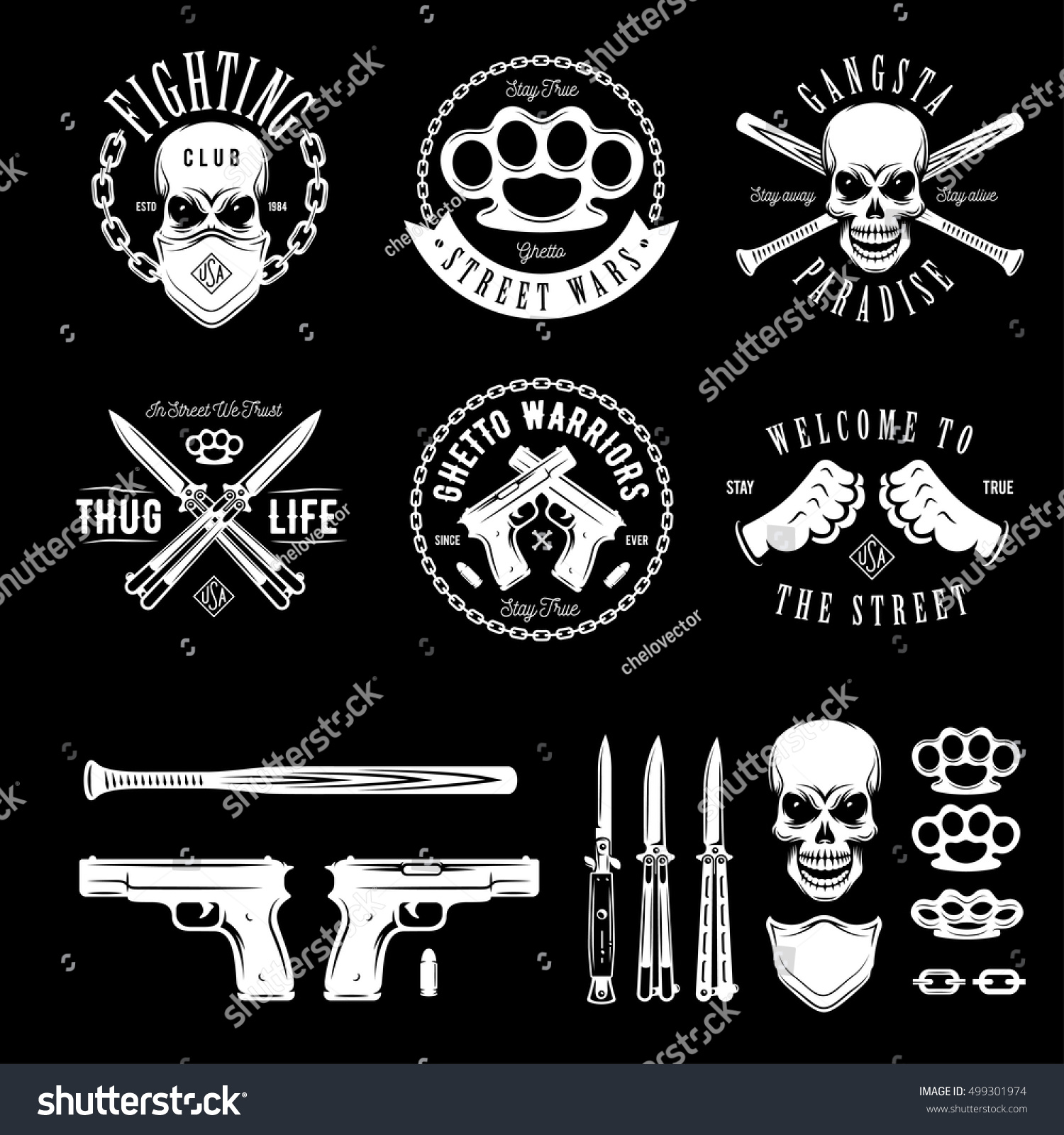 Gangster labels badges emblems design elements set Gangsta style quotes Thug life Stay