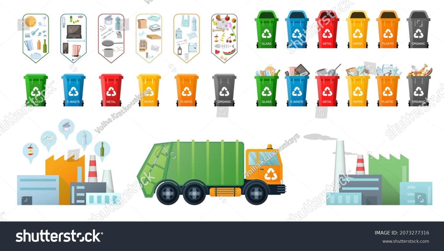 SVG of Garbage collection. Plastic bins, truck for garbage and waste incineration plants. Waste Factory, truck, containers. Different types of trash: Organic, Plastic, Metal, Paper, Glass, E-waste. Vector svg