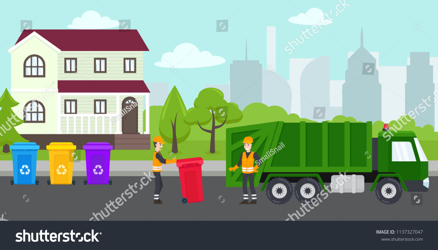 Garbage Removal By Happy Workers Suburb vector de stock (libre de