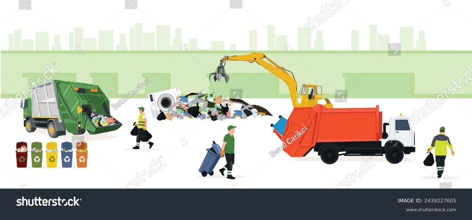 SVG of Garbage transport vehicle, garbage collector collects garbage, garbage collection center, waste center. Hydraulic multi-valve crab bucket machine loader manipulator, truck. svg
