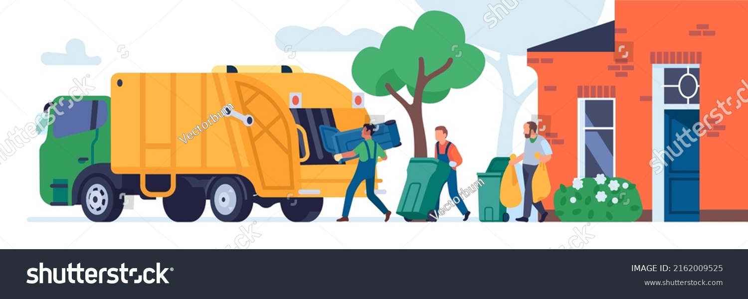 SVG of Garbage transportation workers. Scavengers take bins. Janitors loading trash into truck. Municipal rubbish service. Household waste. Dustmen carry bags and containers svg