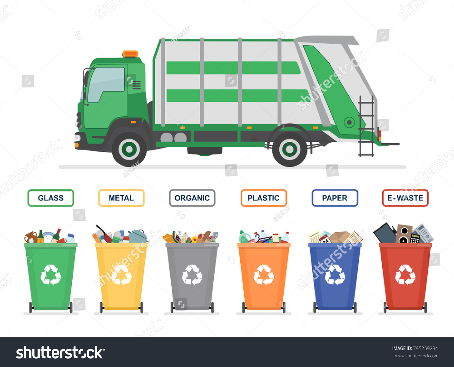 SVG of Garbage truck and garbage cans isolated on white background. Sorting garbage. Ecology and recycle concept. Vector illustration.  svg