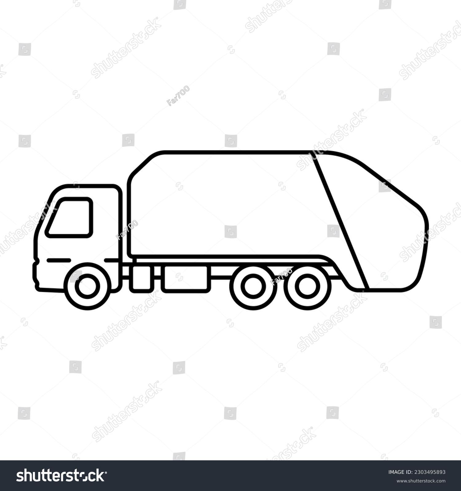 SVG of Garbage truck icon. Black contour linear silhouette. Side view. Editable strokes. Vector simple flat graphic illustration. Isolated object on a white background. Isolate. svg