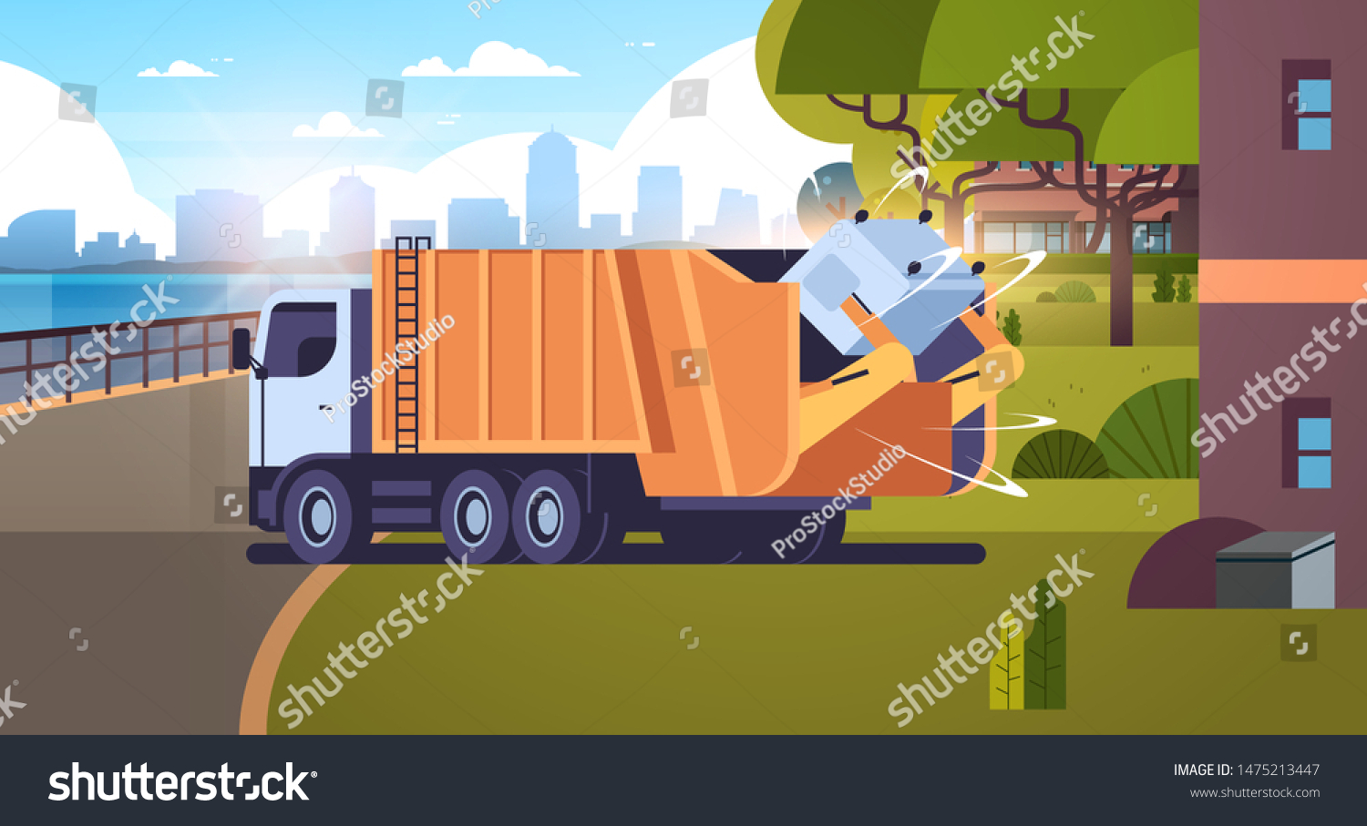 Garbage Truck Picking Recycle Trash Bin Stock Vector Royalty Free