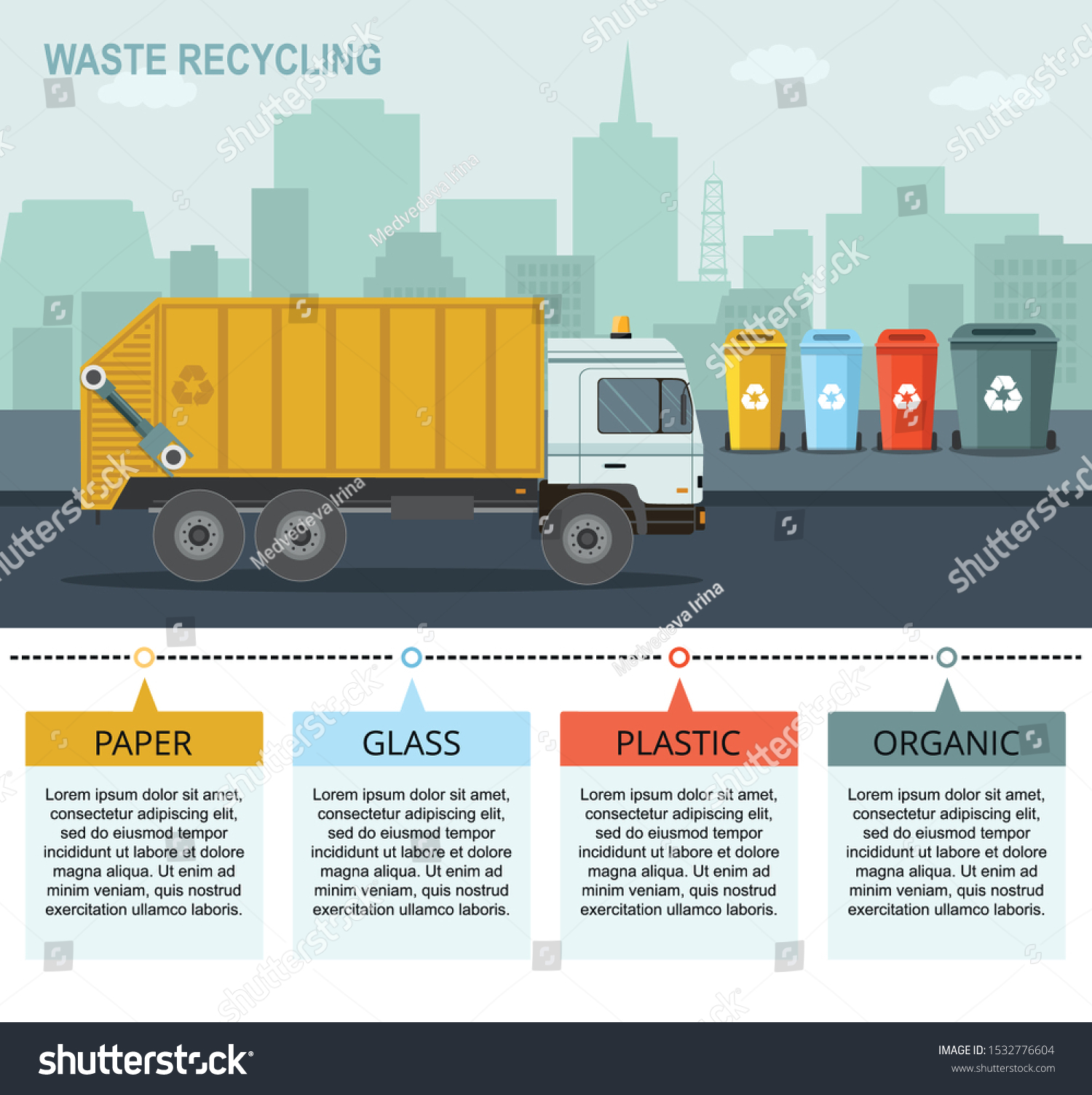SVG of Garbage truck picking up recycle trash bin. Rubbish bins for recycling different types of waste on city background. Vector infographic svg
