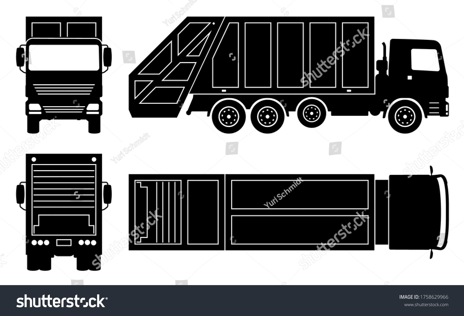 SVG of Garbage truck silhouette on white background. Vehicle icons set view from side, front, back, and top svg