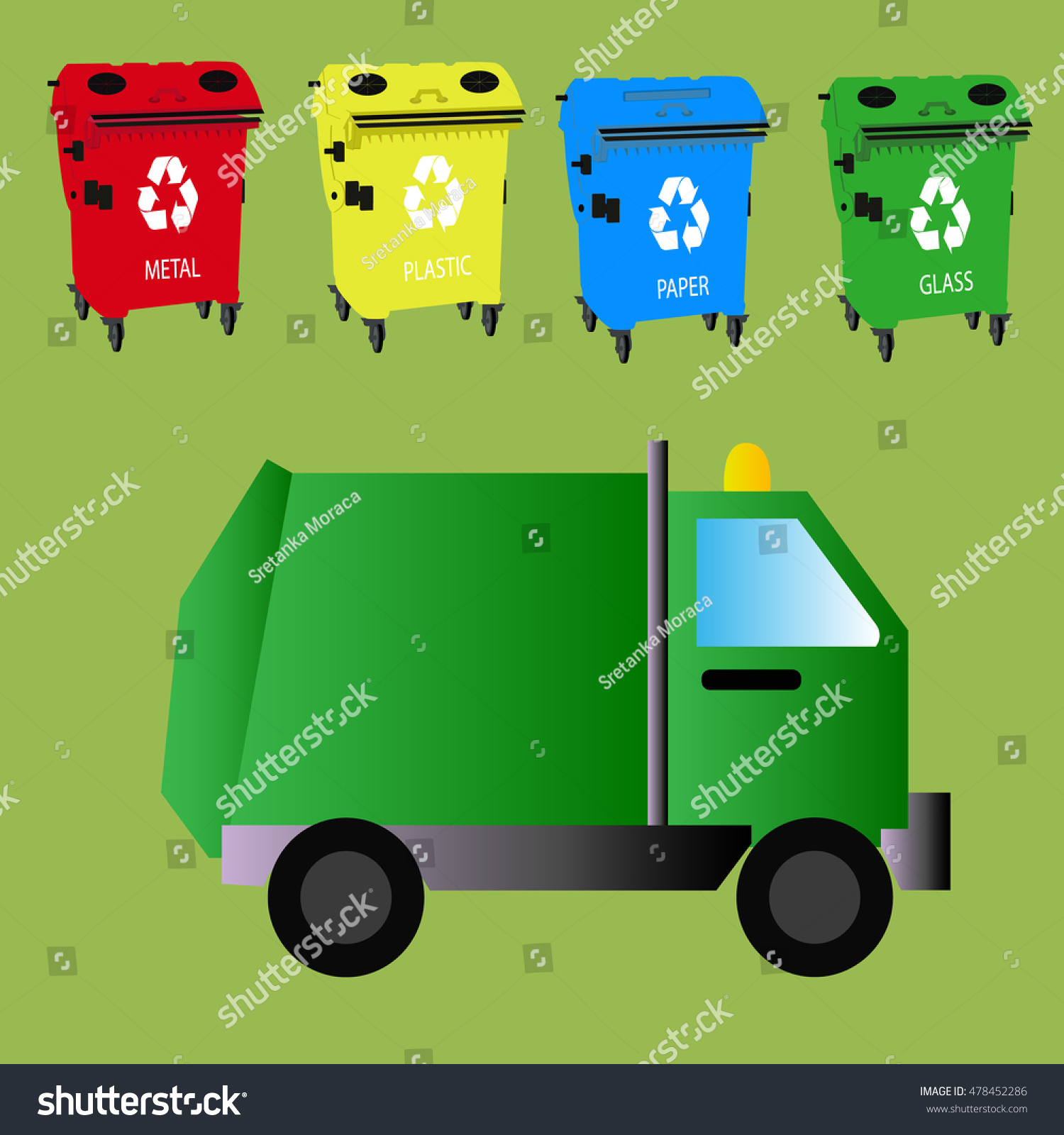 SVG of Garbage truck transporting colored recycle waste bins with paper, glass, plastic, metal. Garbage tipper with trash. Waste recycling concept. Cargo truck. Vector illustration in flat style design. svg