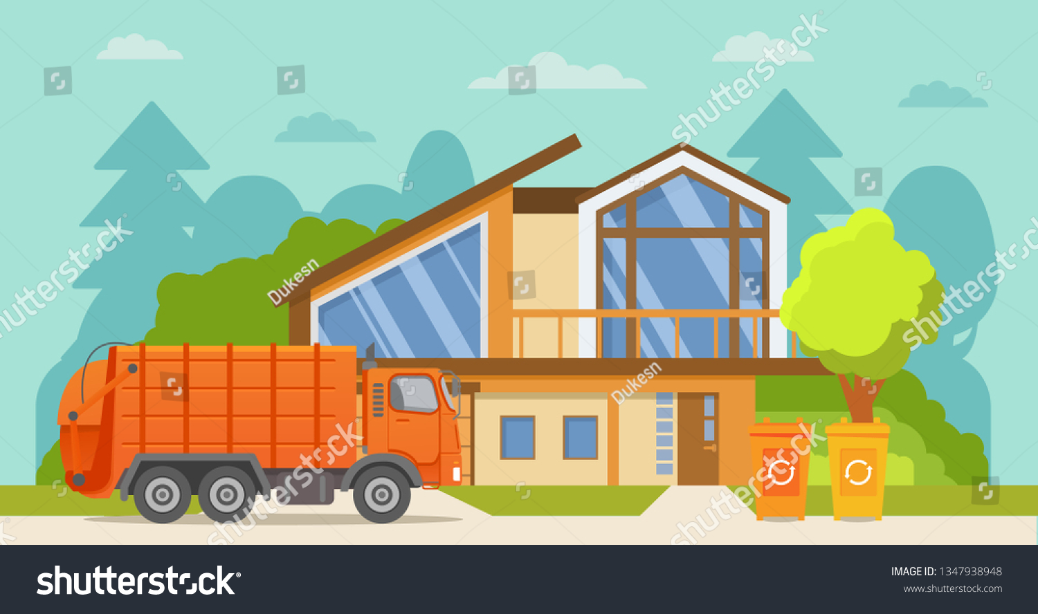 SVG of Garbage truck.Urban sanitary loader truck.City service.Vector illustration.House exterior.Home front view facade with roof. Townhouse building.Garbage cans recycling. svg