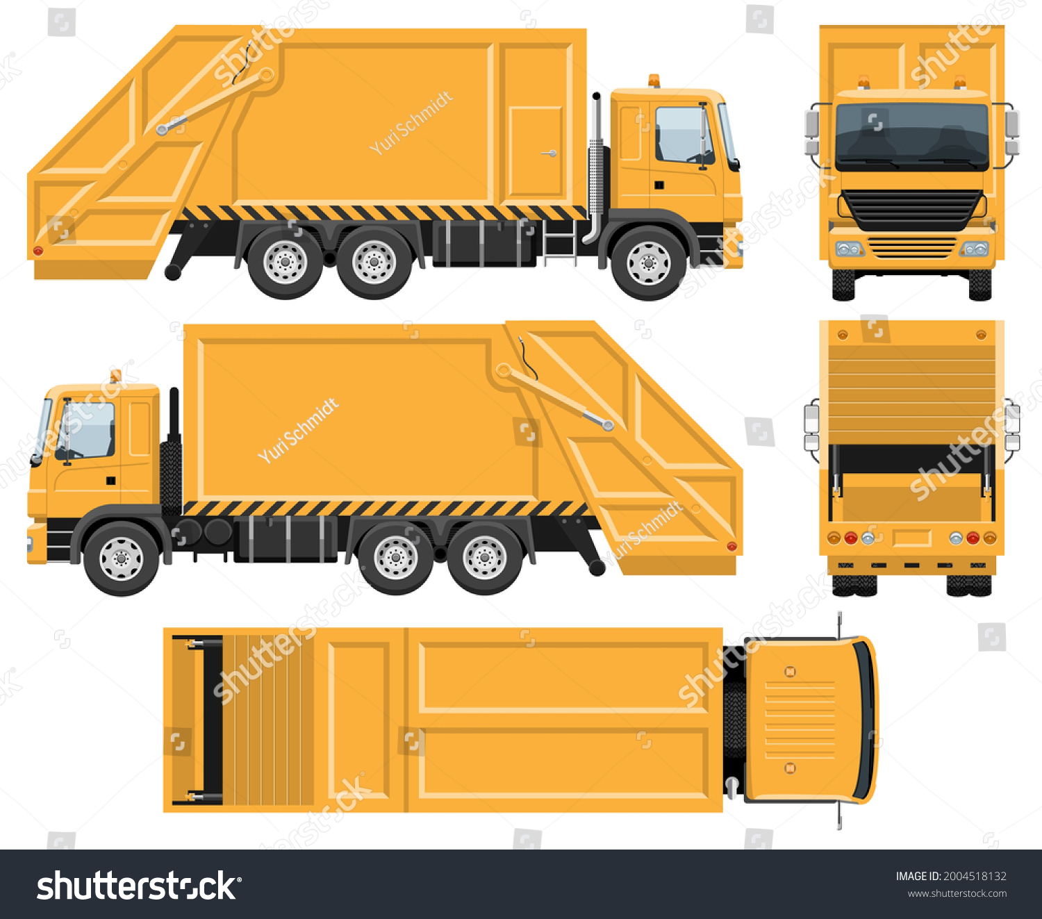 SVG of Garbage truck vector template with simple colors without gradients and effects. View from side, front, back, and top svg