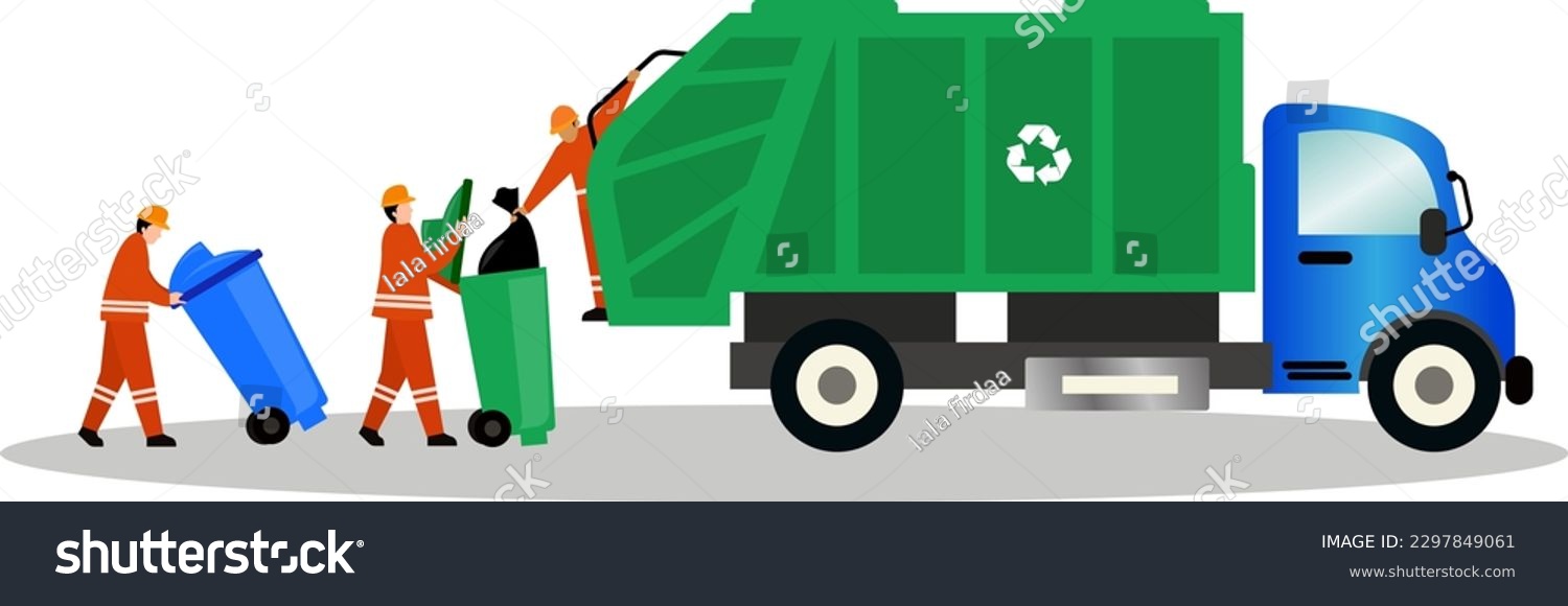 SVG of garbage worker push dumpster to the garbage truck illustration, garbage truck and sanitation worker vector illustration, trash bin, environmental cleaners svg