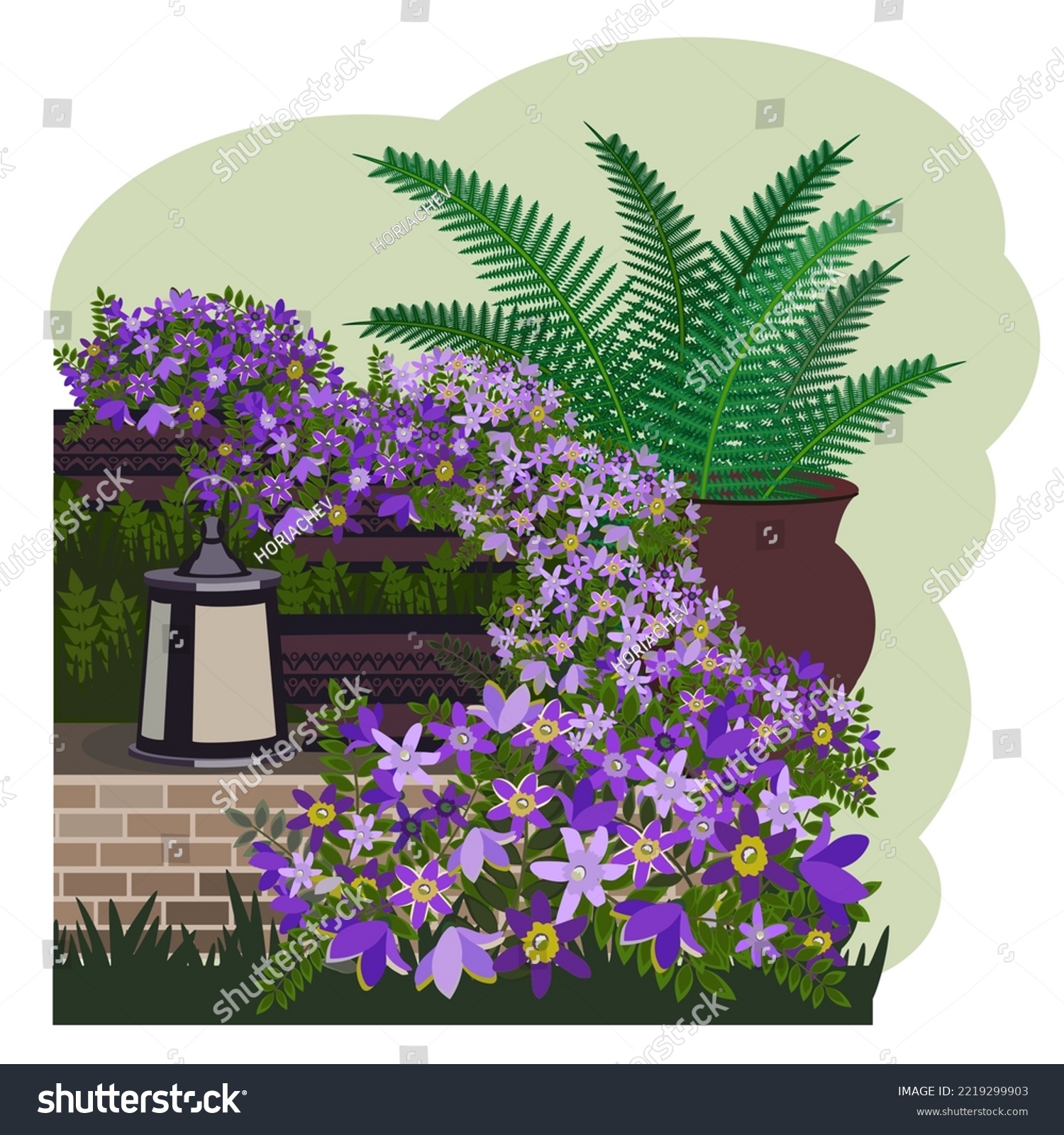 SVG of Garden flower bed with brick wall fragment, lantern, big flower pot. Blooming cascading campanula flowers and fern.Landscape garden design. Vector illustration svg