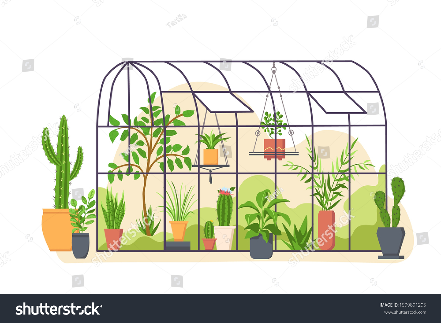 SVG of Garden greenhouse. Glass botanical orangery house with cactus and tropical cultivated plants in pot. Cartoon greenery nature vector concept. Botanical orangery, greenhouse for cultivation illustration svg