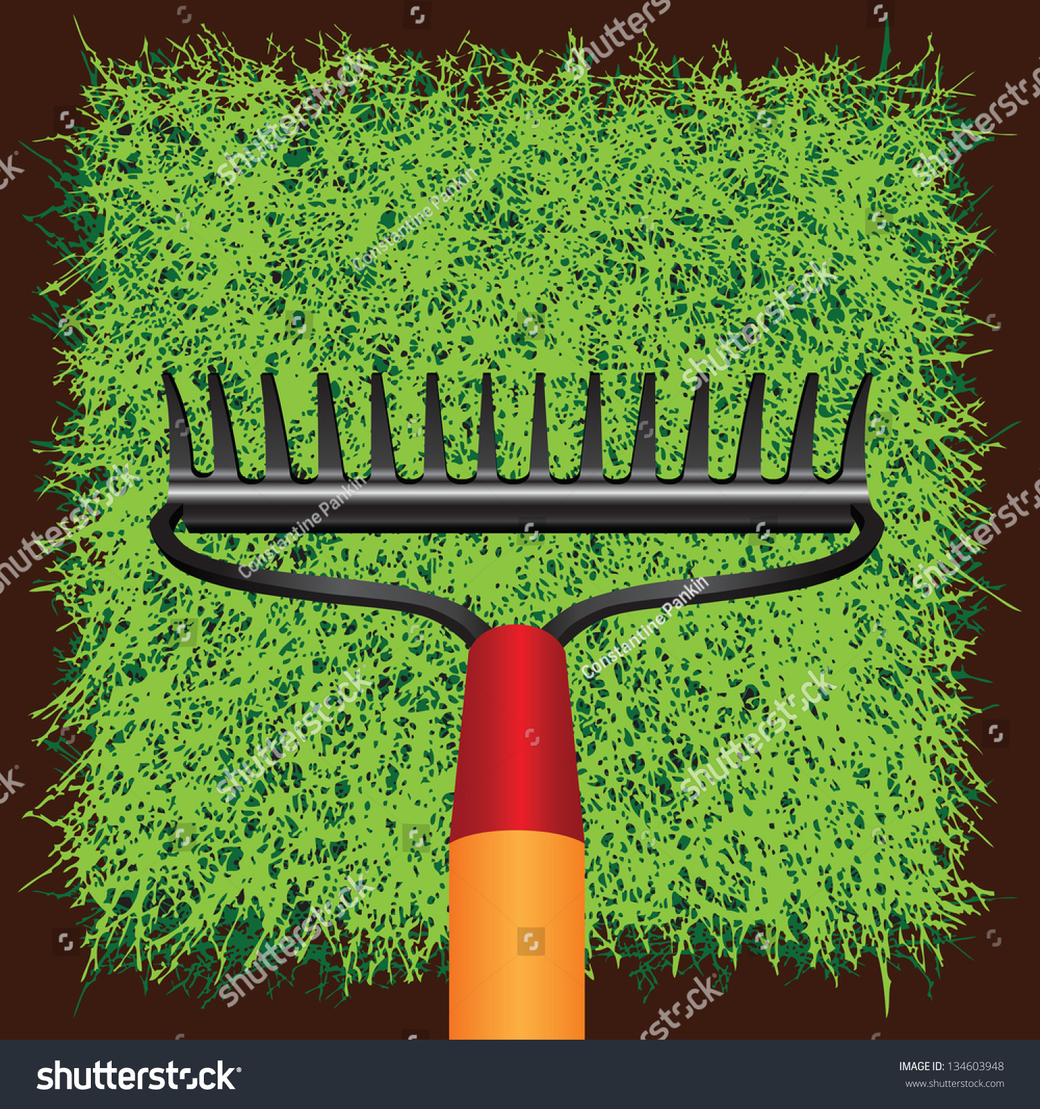 SVG of Garden rakes against the green grass turf. Vector illustration. svg
