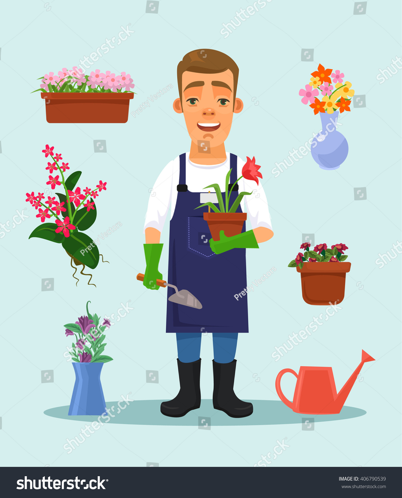 Gardener With Garden Tools And Flowers. Vector Flat Cartoon ...