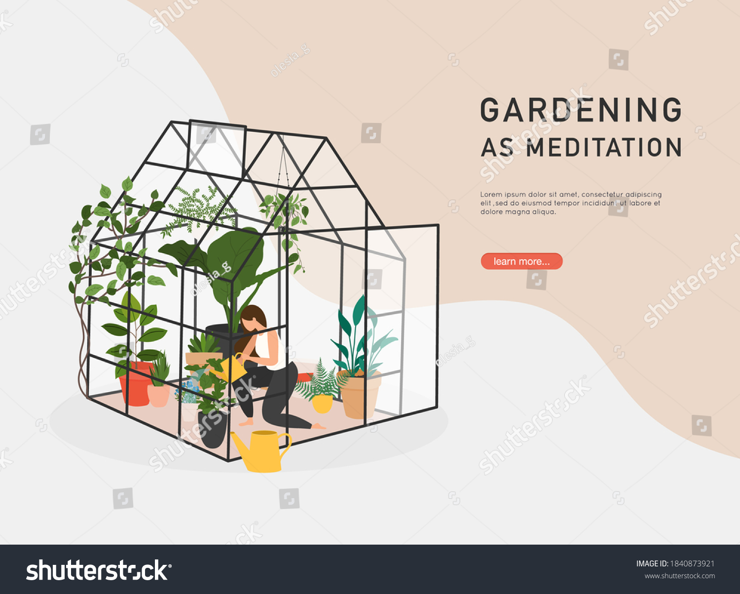 SVG of Gardening as meditation. Woman planting gardens flowers, agriculture gardener hobby and garden job inside glass greenhouse. svg