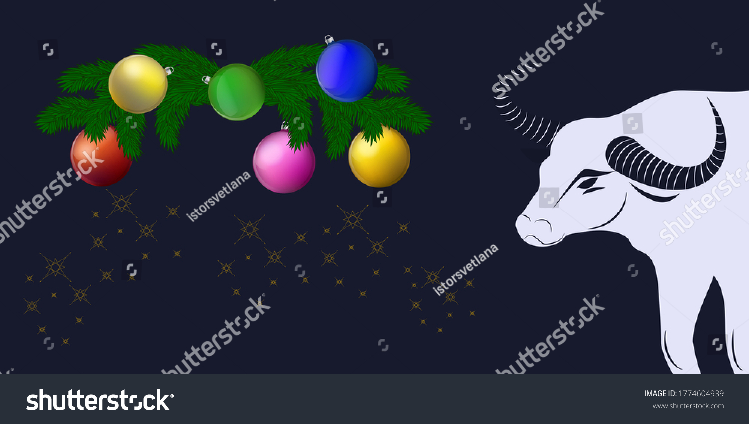 SVG of Garland of Christmas tree branches and balls, White bull with swirling horns - illustration, vector. New Year banner. Winter holidays. svg