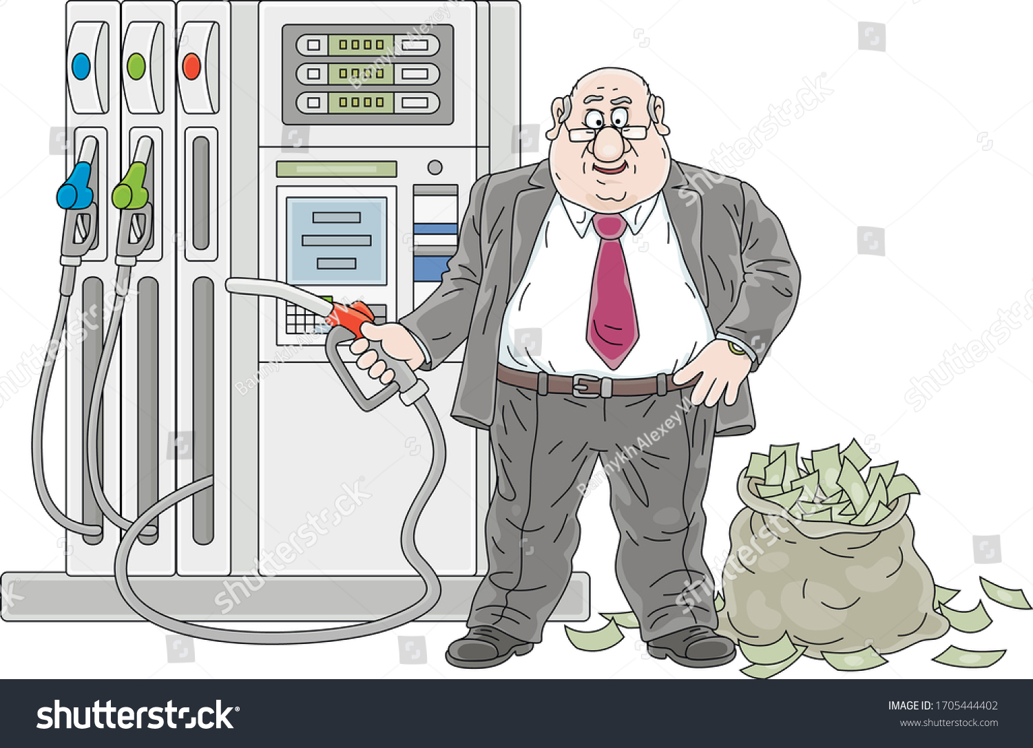 SVG of Gas station, a fat greedy businessman with a fuel nozzle and a bag full of money, vector cartoon illustration isolated on a white background svg