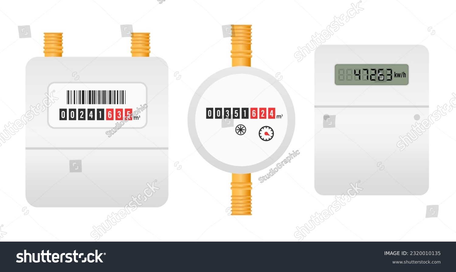 SVG of Gas, water and electric meters. Industrial and household meters set. Fuel, water and electricity consumption control. Gas counter. Collection. Utilities. Vector illustration  svg