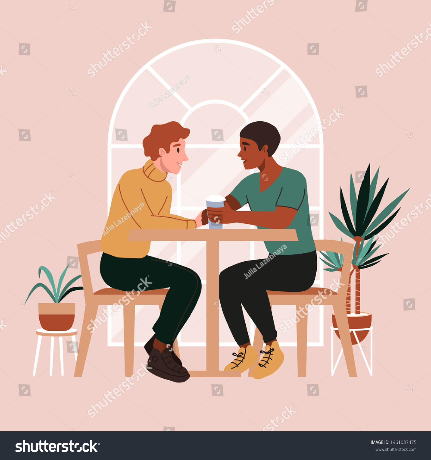 Gay Couple On Date Cafe First Stock Vector Royalty Free 1961037475