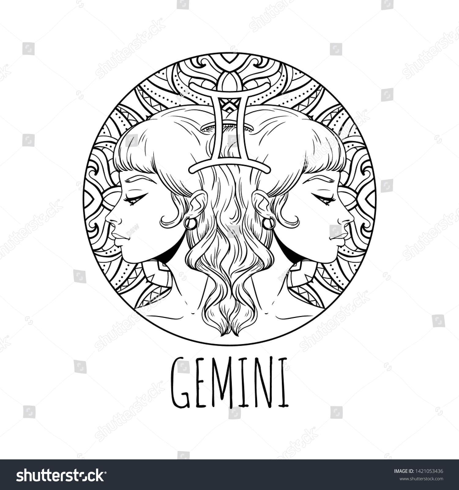 Gemini Zodiac Sign Artwork Adult Coloring Vector De Stock Libre De Regalías 1421053436 