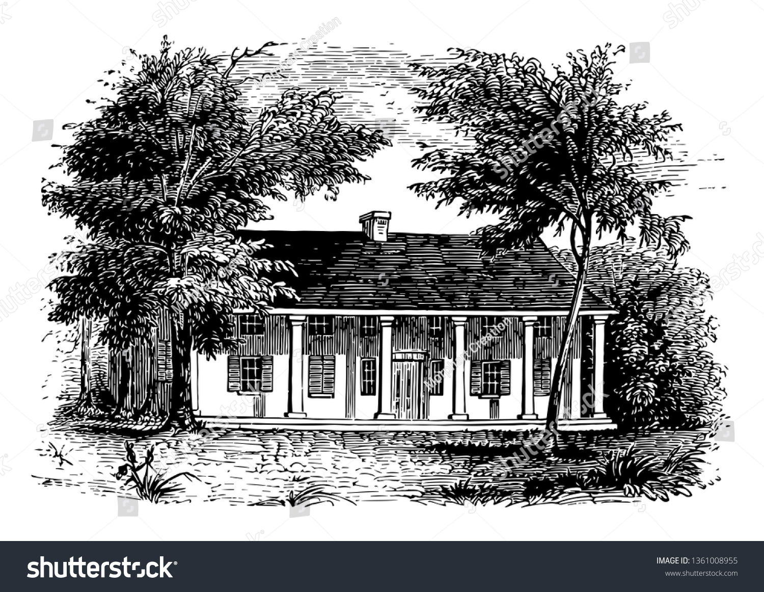 SVG of General Schuylers house built in 1777 , occupied by the British army during American Revolutionary war  vintage line drawing. svg