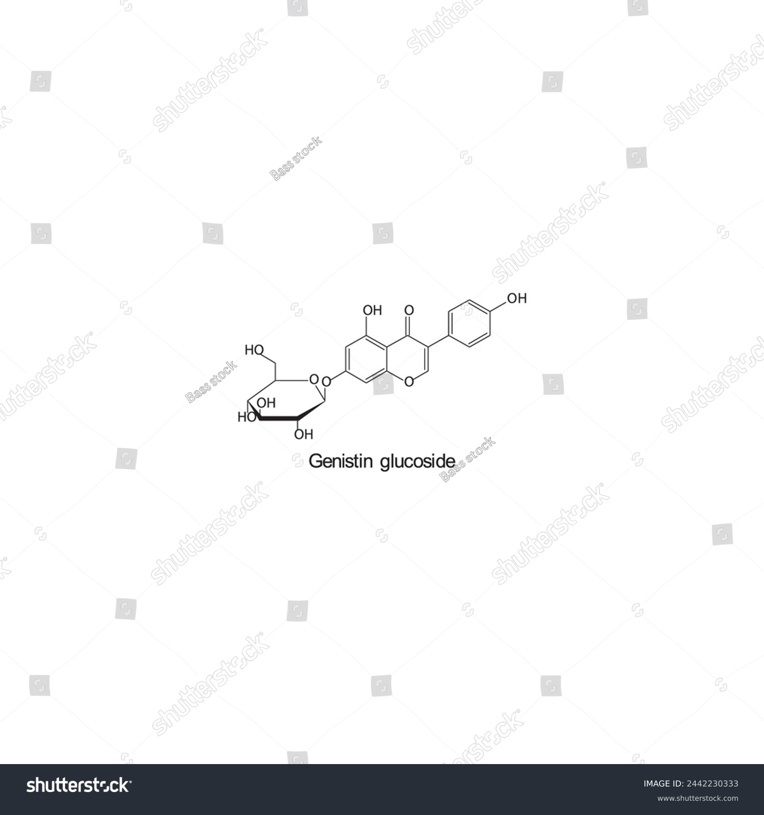 SVG of Genistein glucoside skeletal structure diagram.Isoflavanone compound molecule scientific illustration. svg