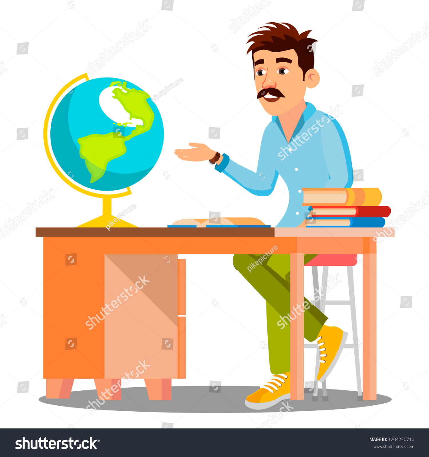 Geography Teacher Glasses Sitting Table Books Stock Vector