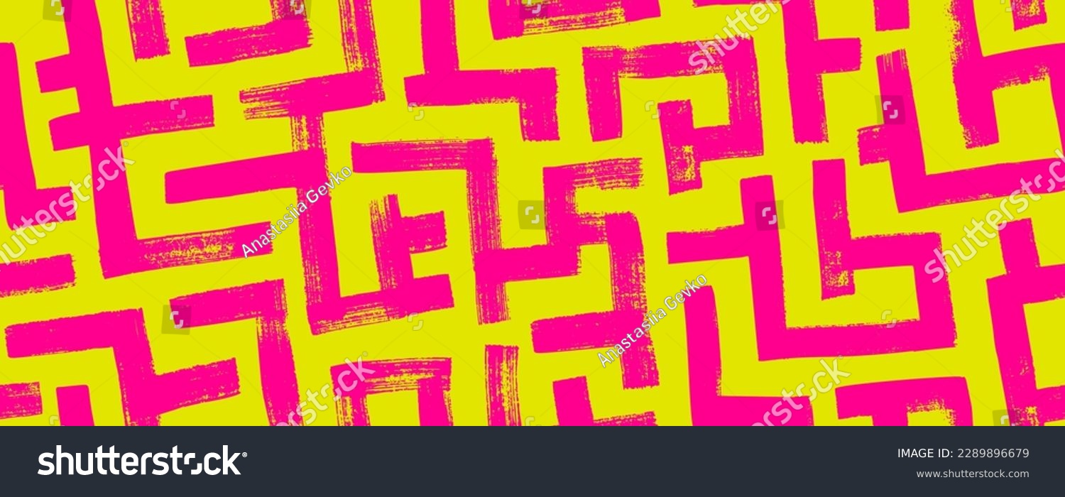 SVG of Geometric maze colorful seamless pattern. Brush drawn pink and yellow scribbles. Abstract maze geometric vector background. Irregular labyrinth pattern in bright colors. Hand drawn intricate banner. svg