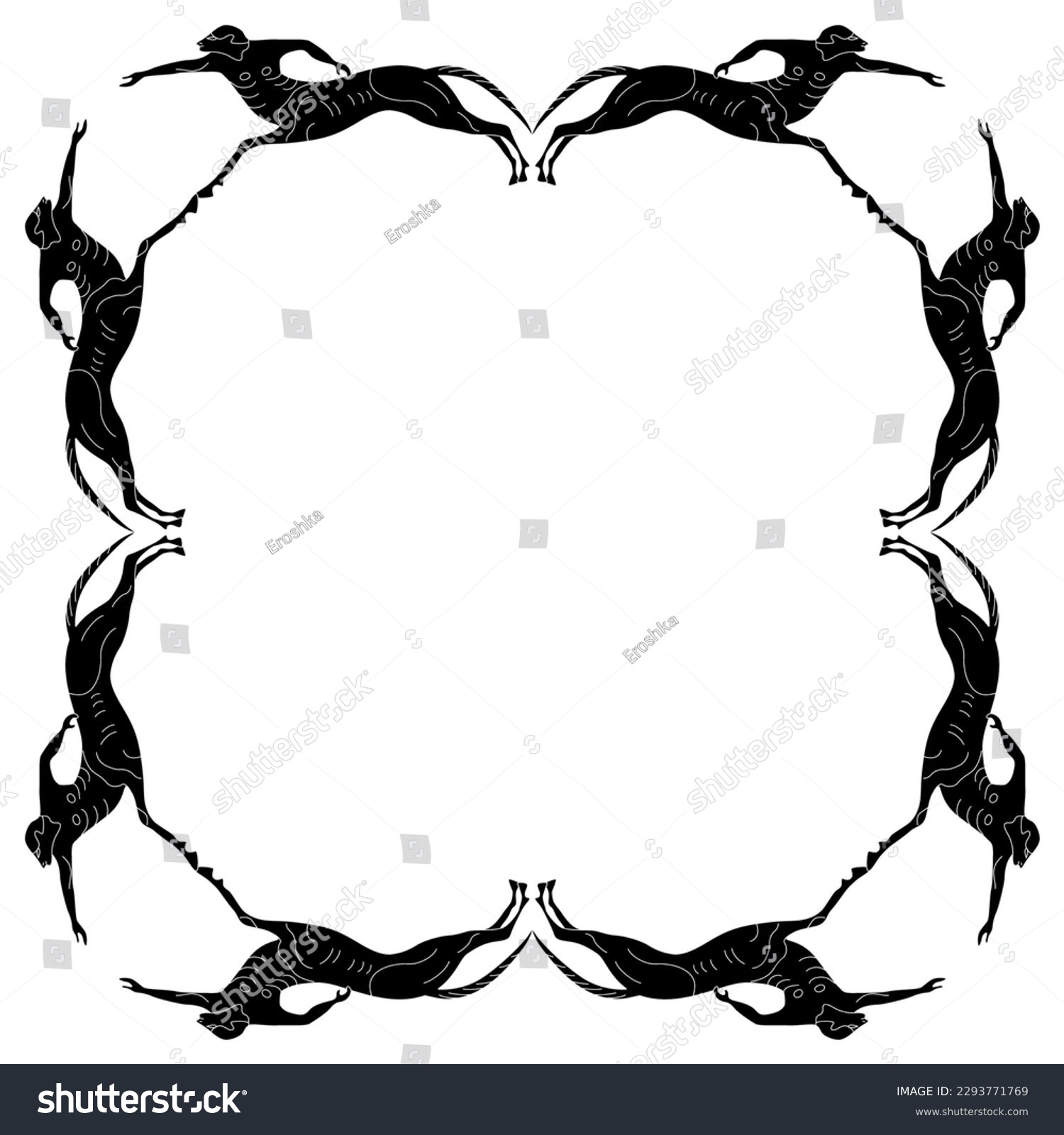 SVG of Geometrical ethnic frame with running ancient Greek centaurs. Half men half horses. Vase painting style. Black and white silhouette. svg