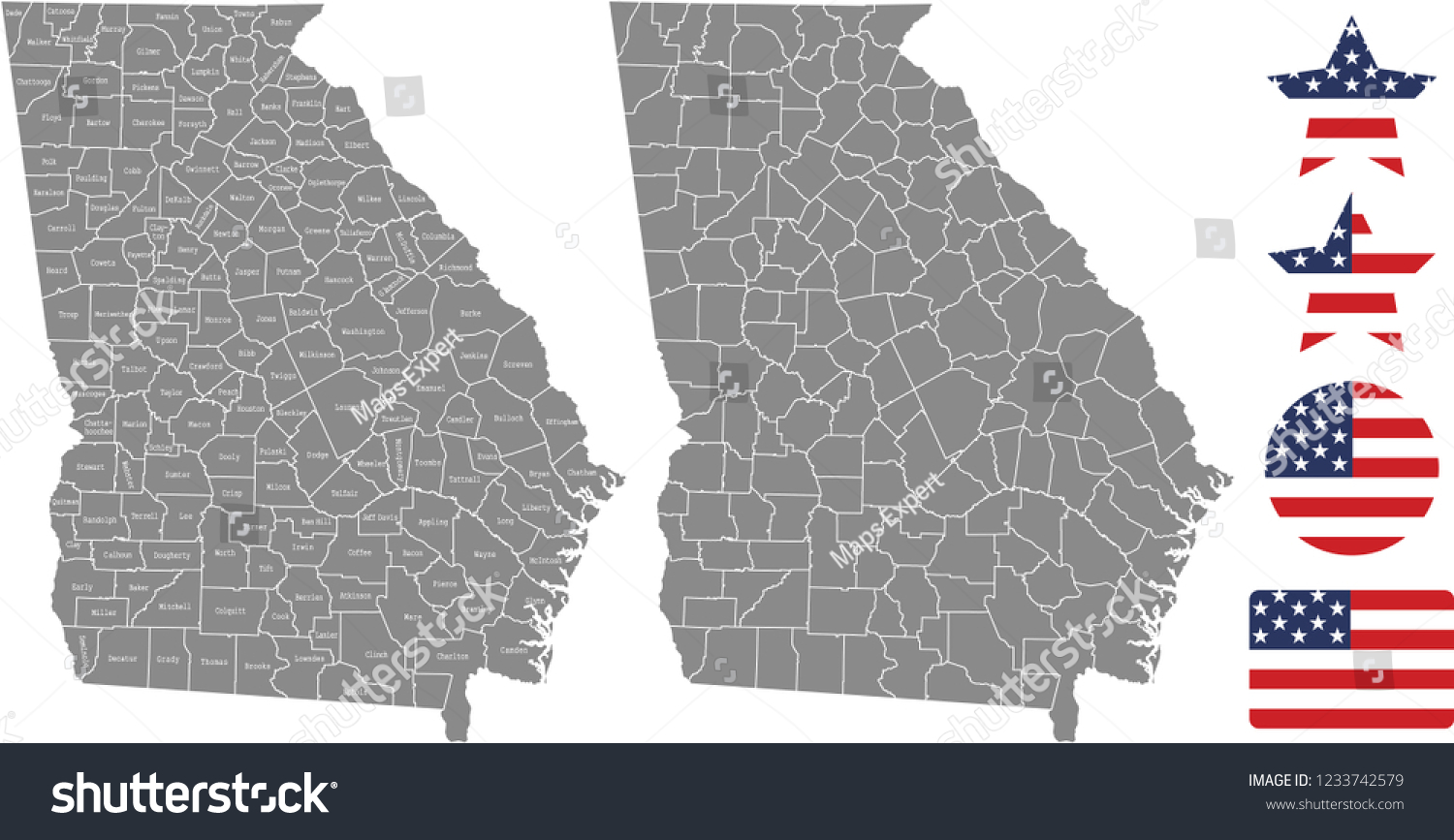 Georgia County Map Vector Outline Gray Vector C S N Mi N Ph B N   Stock Vector Georgia County Map Vector Outline In Gray Background Georgia State Of Usa Map With Counties Names 1233742579 