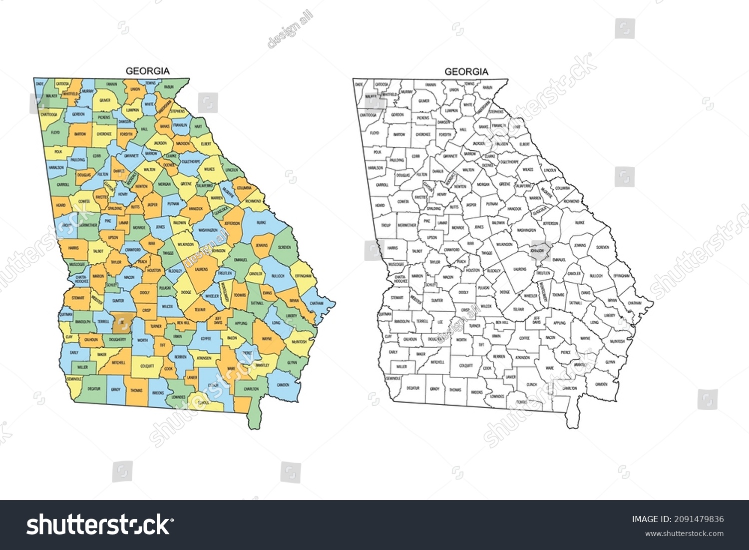 Georgia Map County Lines Color Stock Vector (royalty Free) 2091479836 