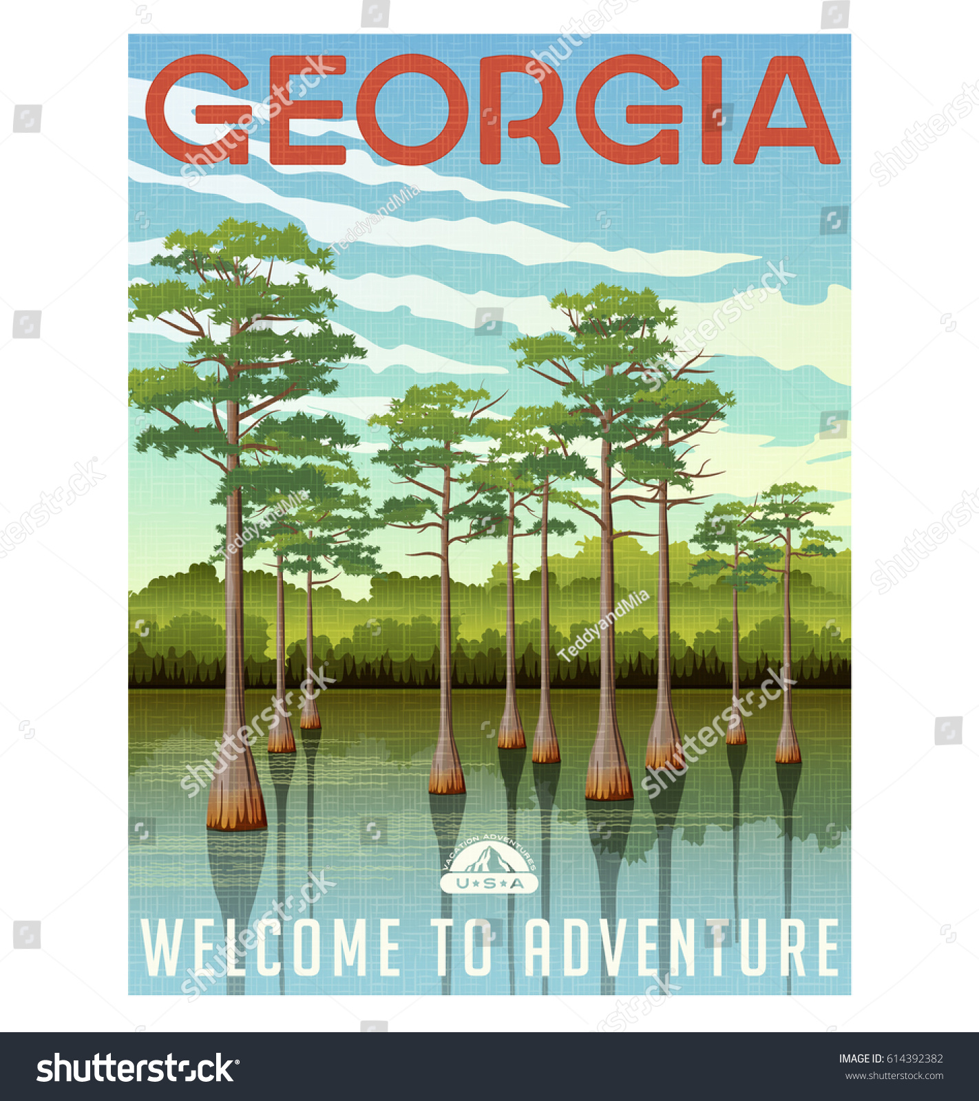 SVG of Georgia travel poster or sticker. Vector illustration of bald cypress in wetland swamp svg