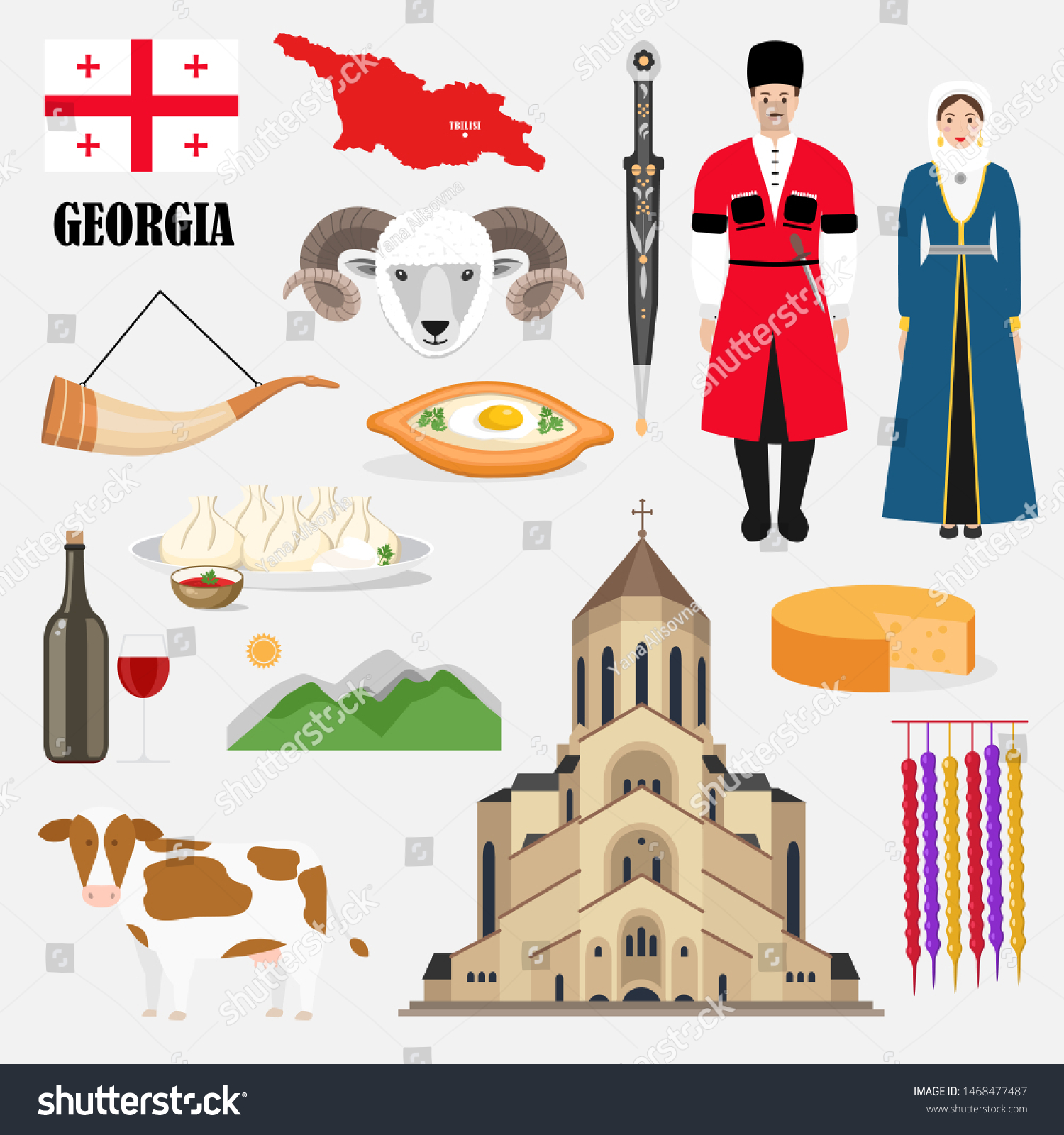 Georgian Traditional Symbols Sights Set Collection Stock Vector ...