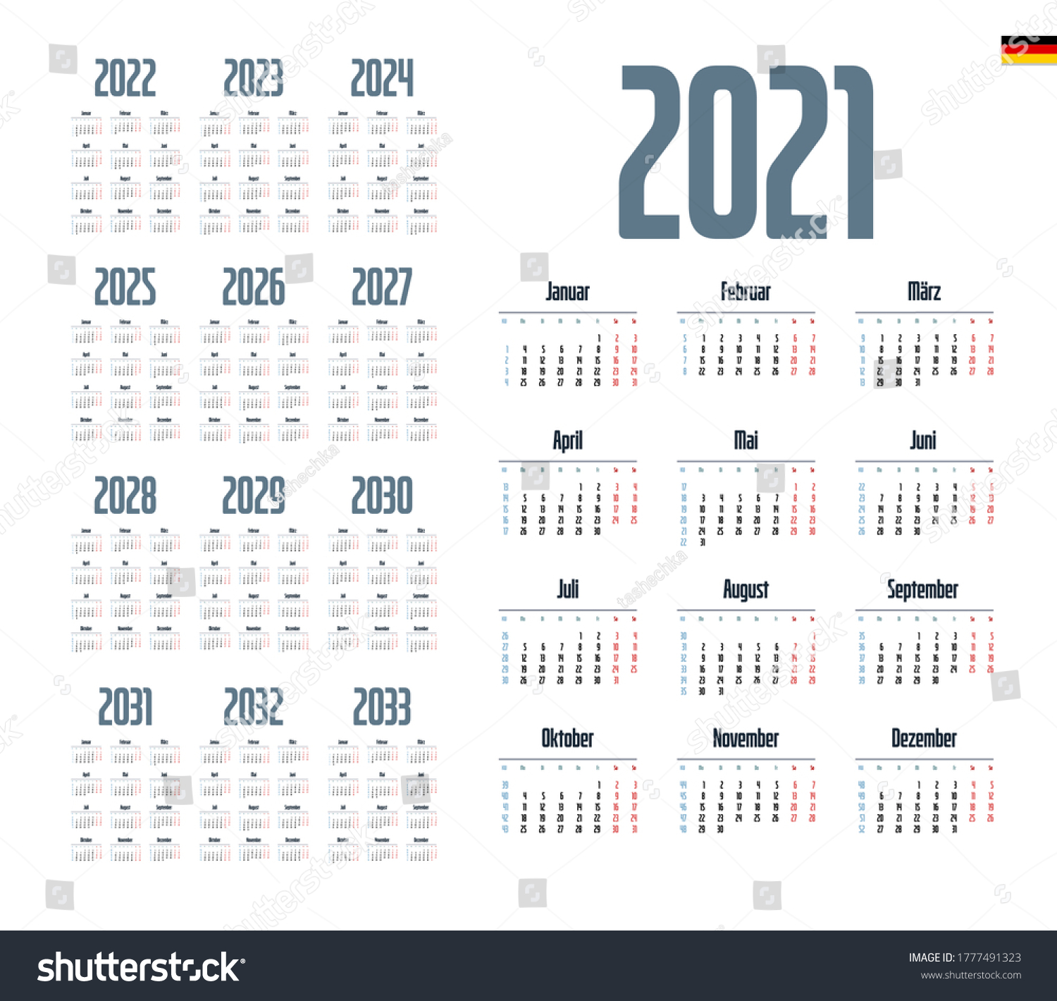 German Calendar 20212033 Week Starts On Stock Vector (Royalty Free ...