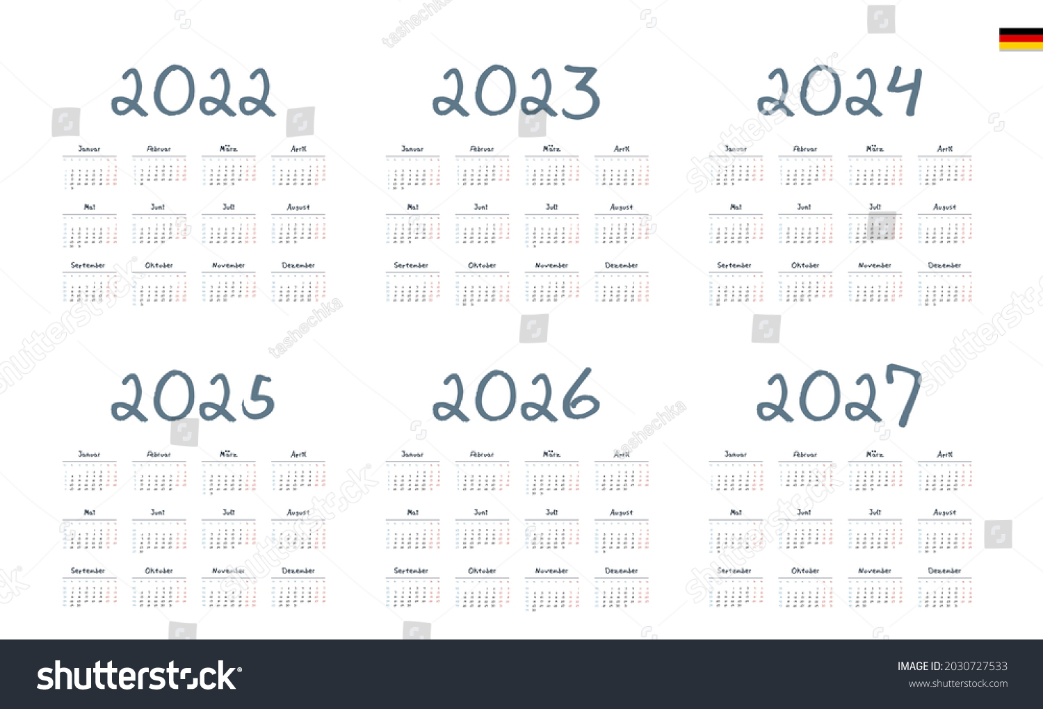 German Calendar 2022 2023 2024 2025 Stock Vector (Royalty Free