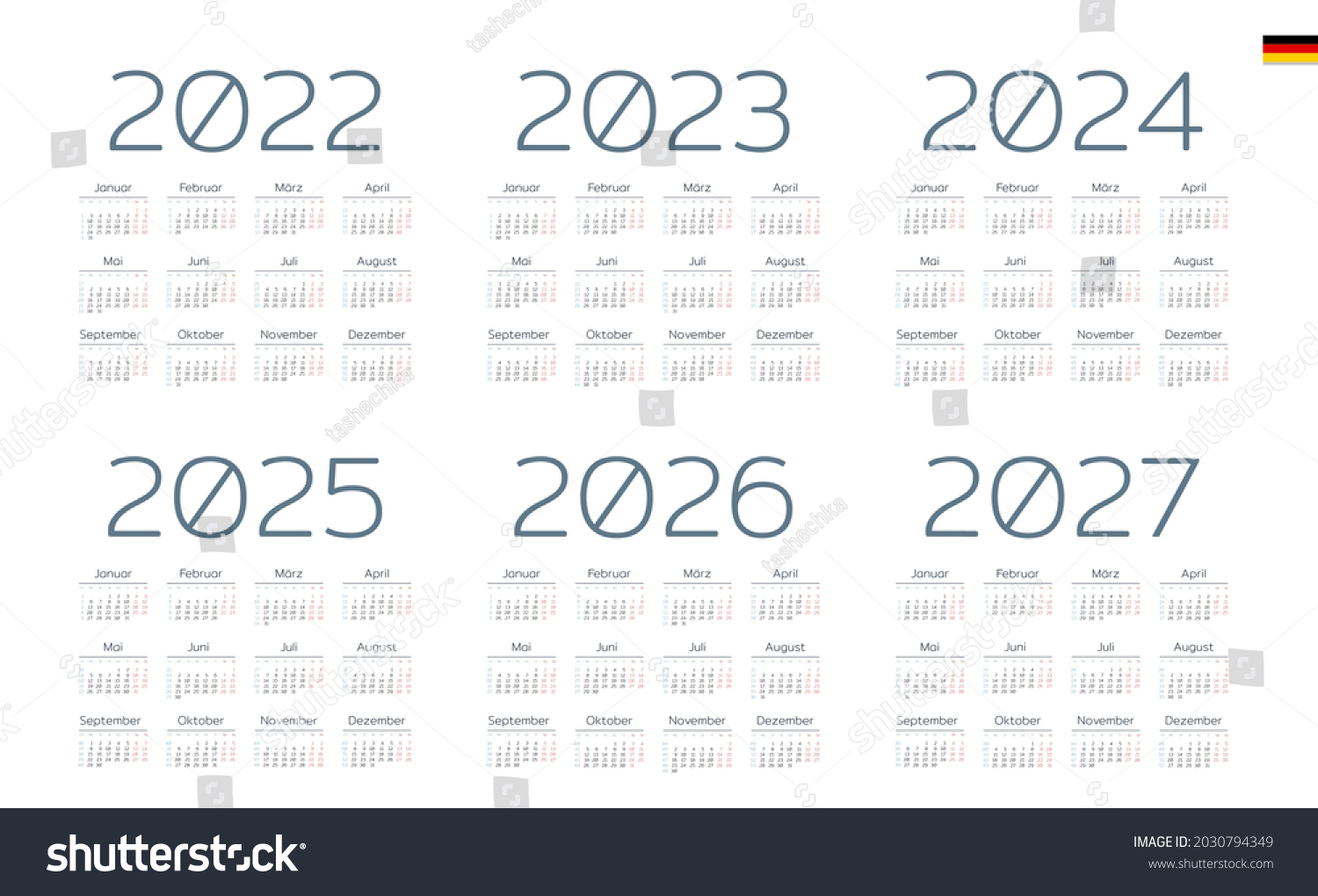 German Calendar 2022 2023 2024 2025 Stock Vector (Royalty Free