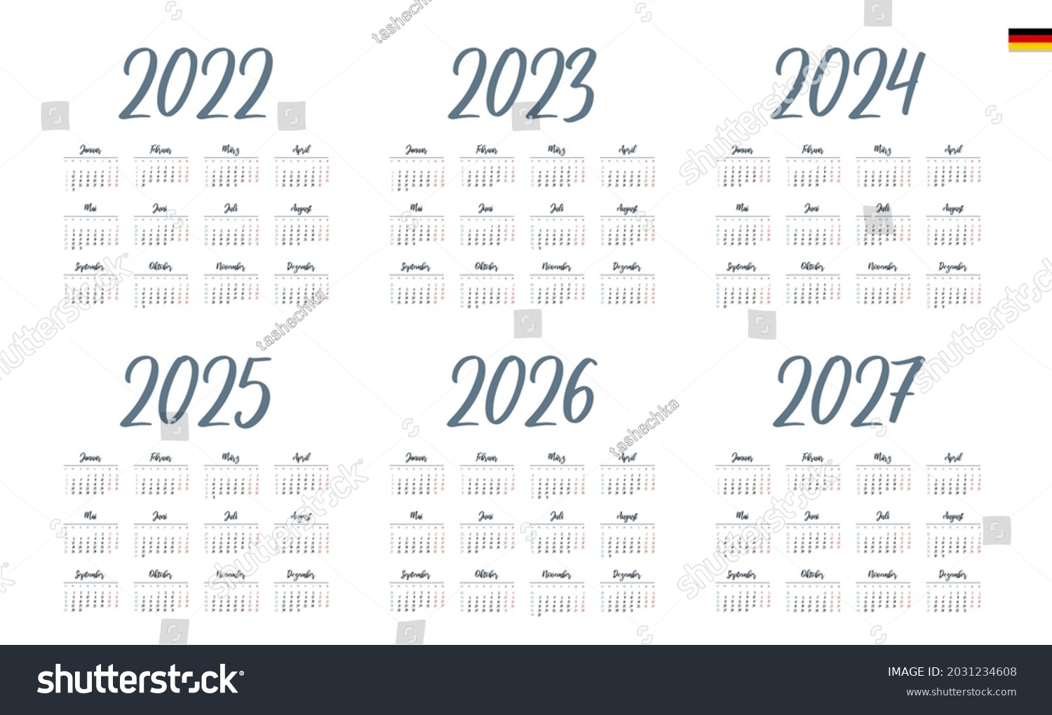 German Calendar 2022 2023 2024 2025: immagine vettoriale stock (royalty