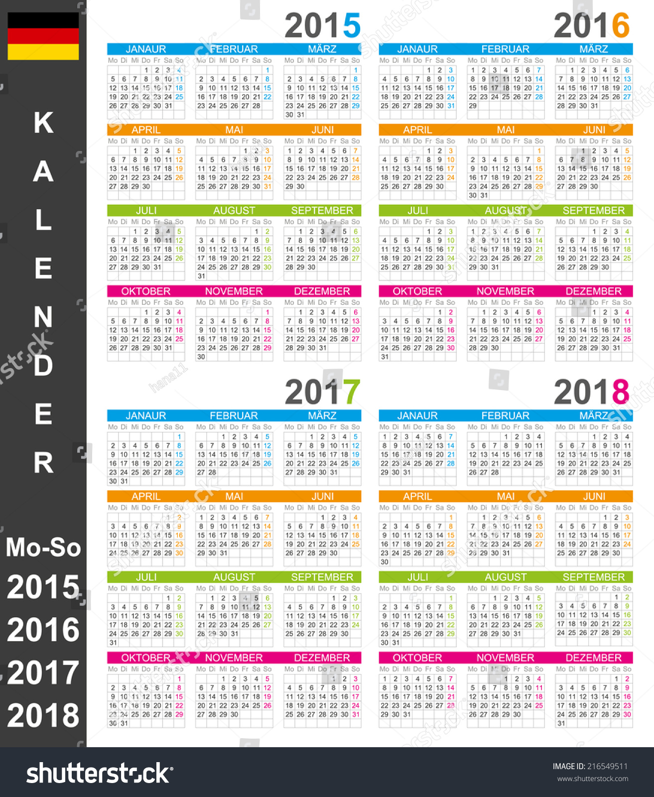 German Calendar For Years 2015-2018, Week Starts On Monday Stock Vector ...