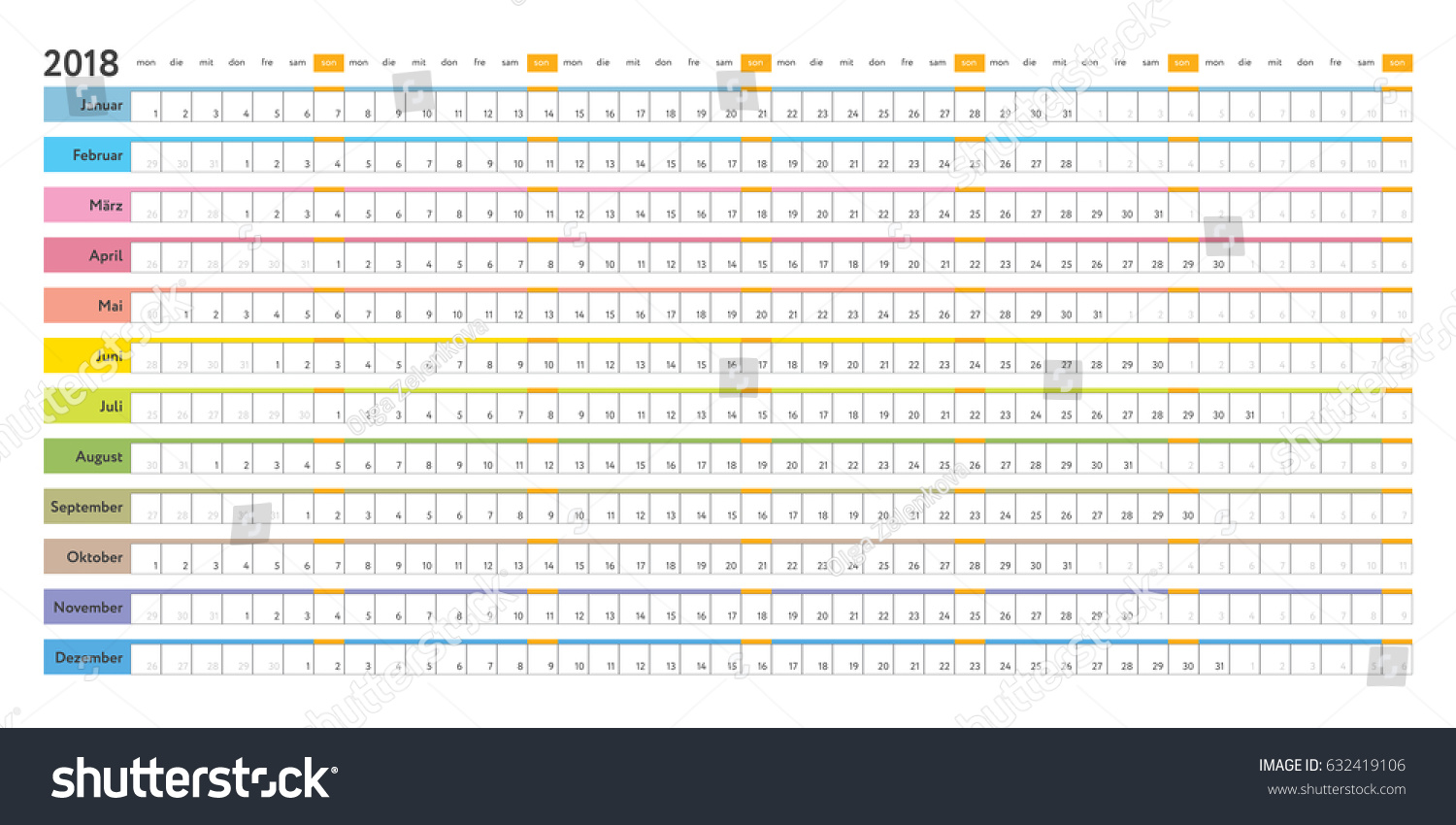 german linear 2018 calendar day schedule のベクター画像素材