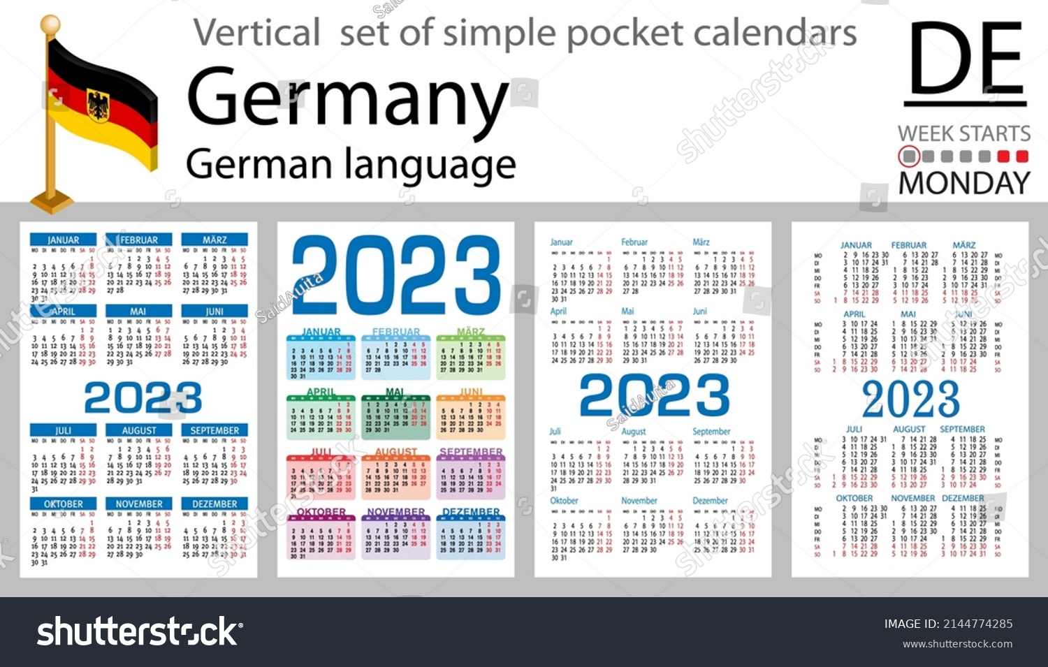 German Vertical Pocket Calendar 2023 Two Stock Vector (Royalty Free