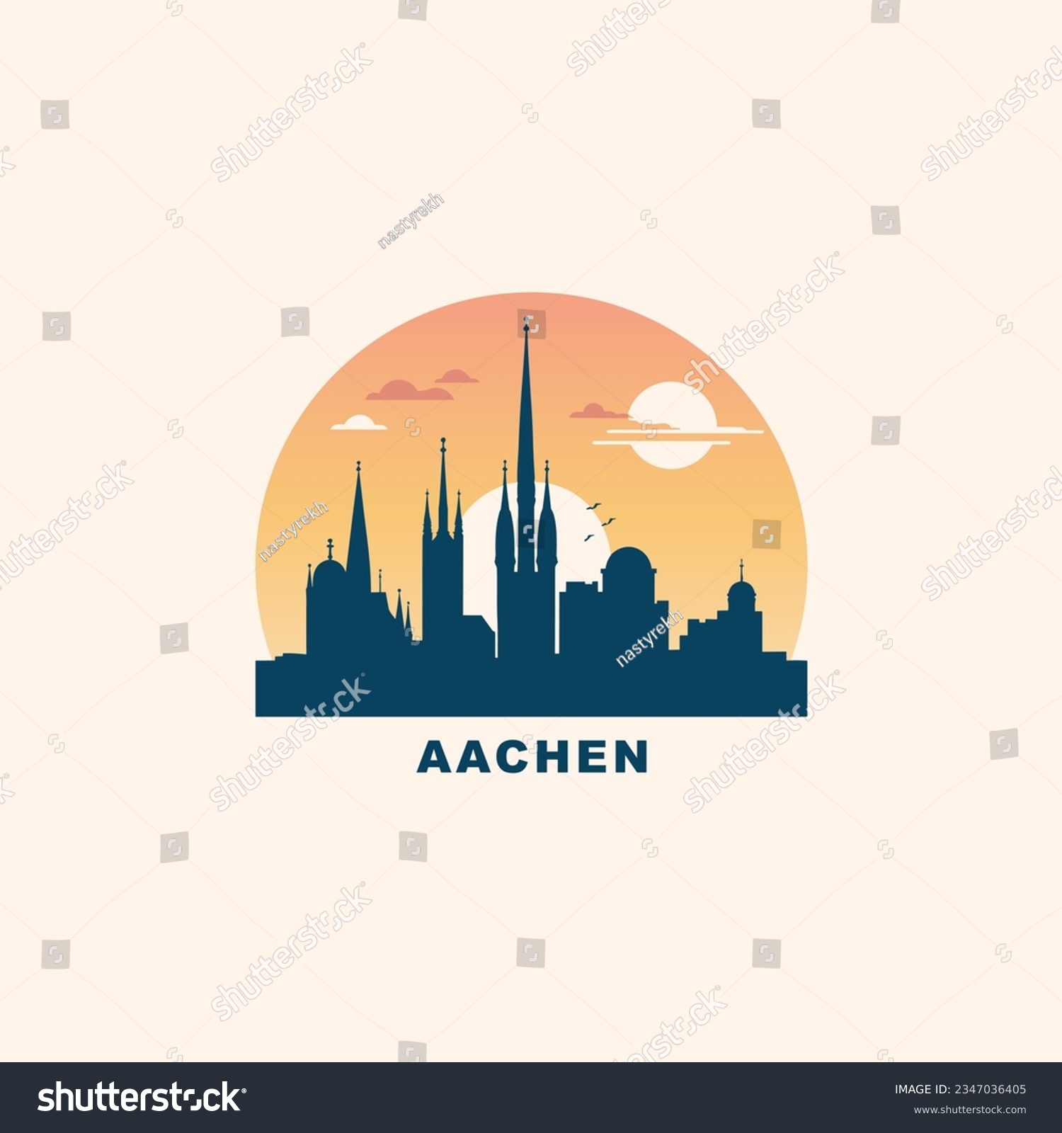 SVG of Germany Aachen cityscape skyline city panorama vector flat modern logo icon. North Rhine-Westphalia emblem idea with landmarks and building silhouettes at sunrise sunset svg
