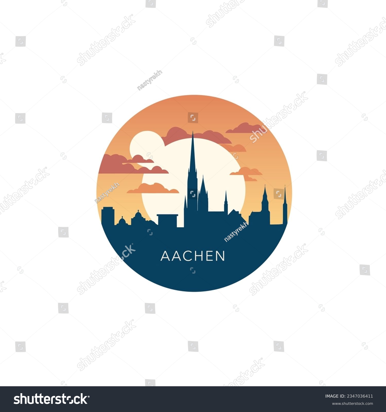 SVG of Germany Aachen cityscape skyline city panorama vector flat modern logo icon. North Rhine-Westphalia emblem idea with landmarks and building silhouettes at sunrise sunset svg