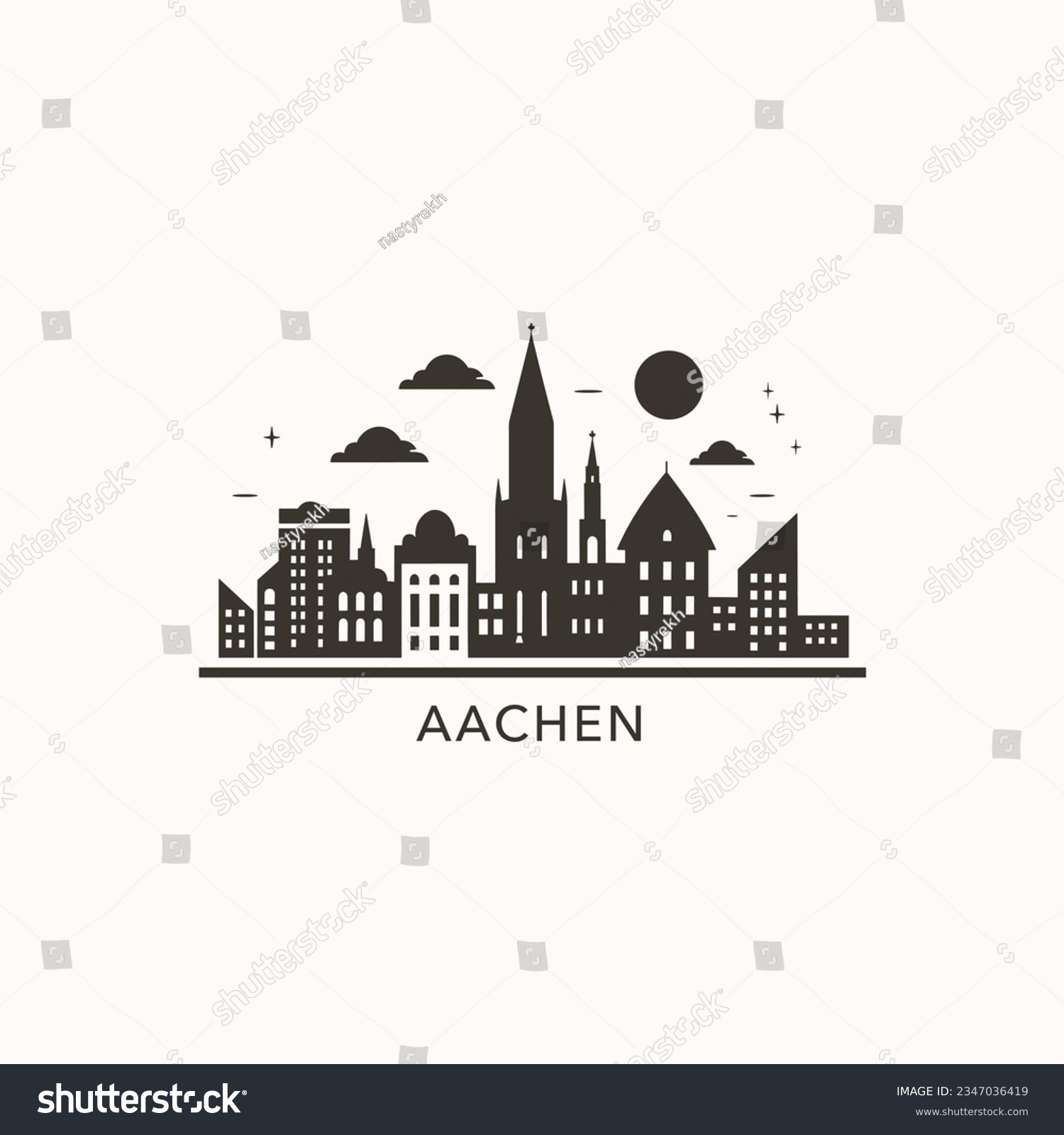 SVG of Germany Aachen cityscape skyline city panorama vector flat modern logo icon. North Rhine-Westphalia emblem idea with landmarks and building silhouettes at night svg