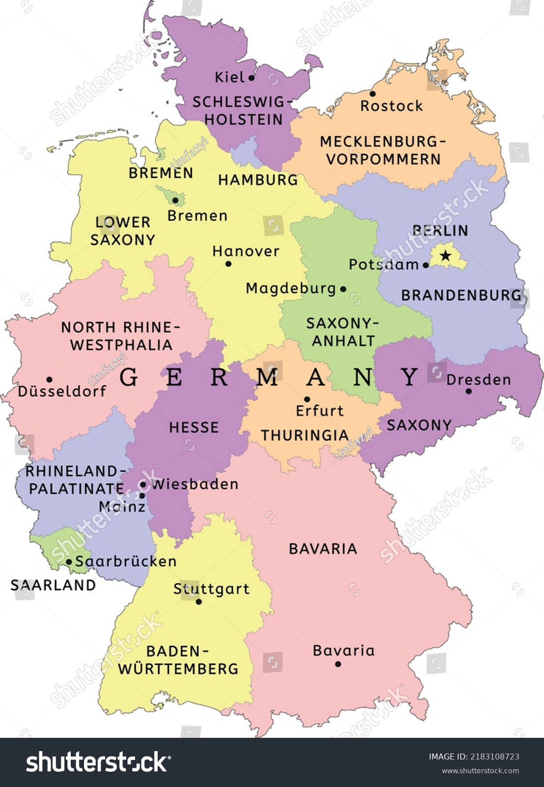 SVG of Germany administrative map with states and capitals. Colored. Vector svg