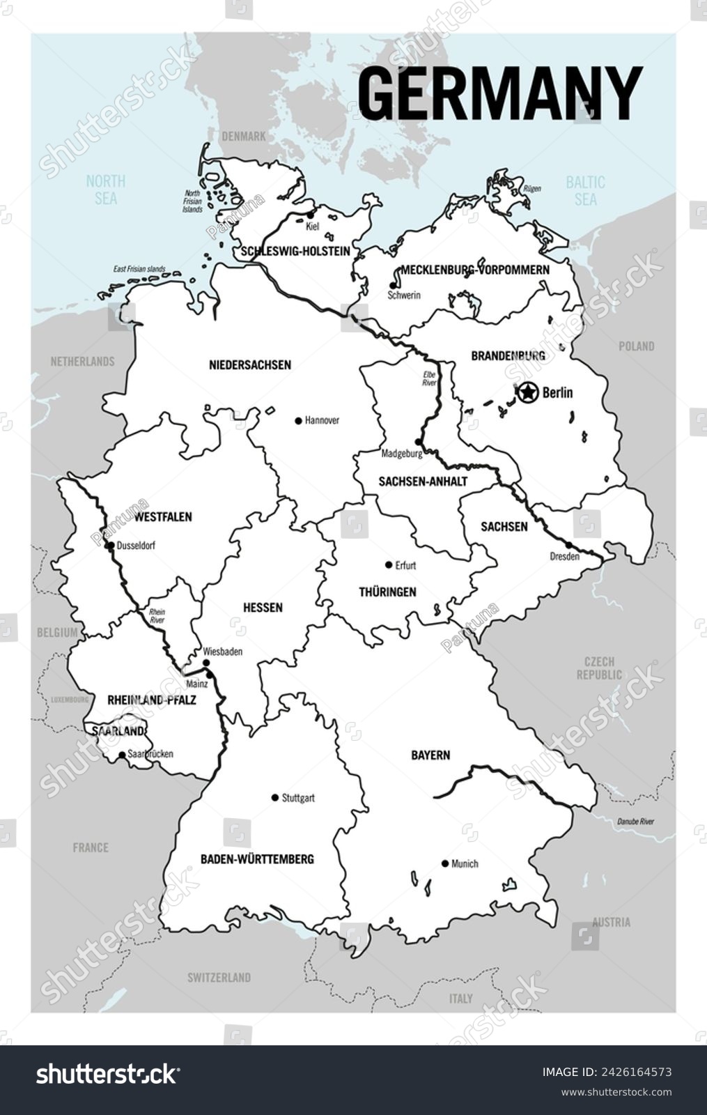 SVG of Germany country white political map. Detailed vector illustration with isolated provinces, departments, regions, counties, cities, islands and states easy to ungroup. svg