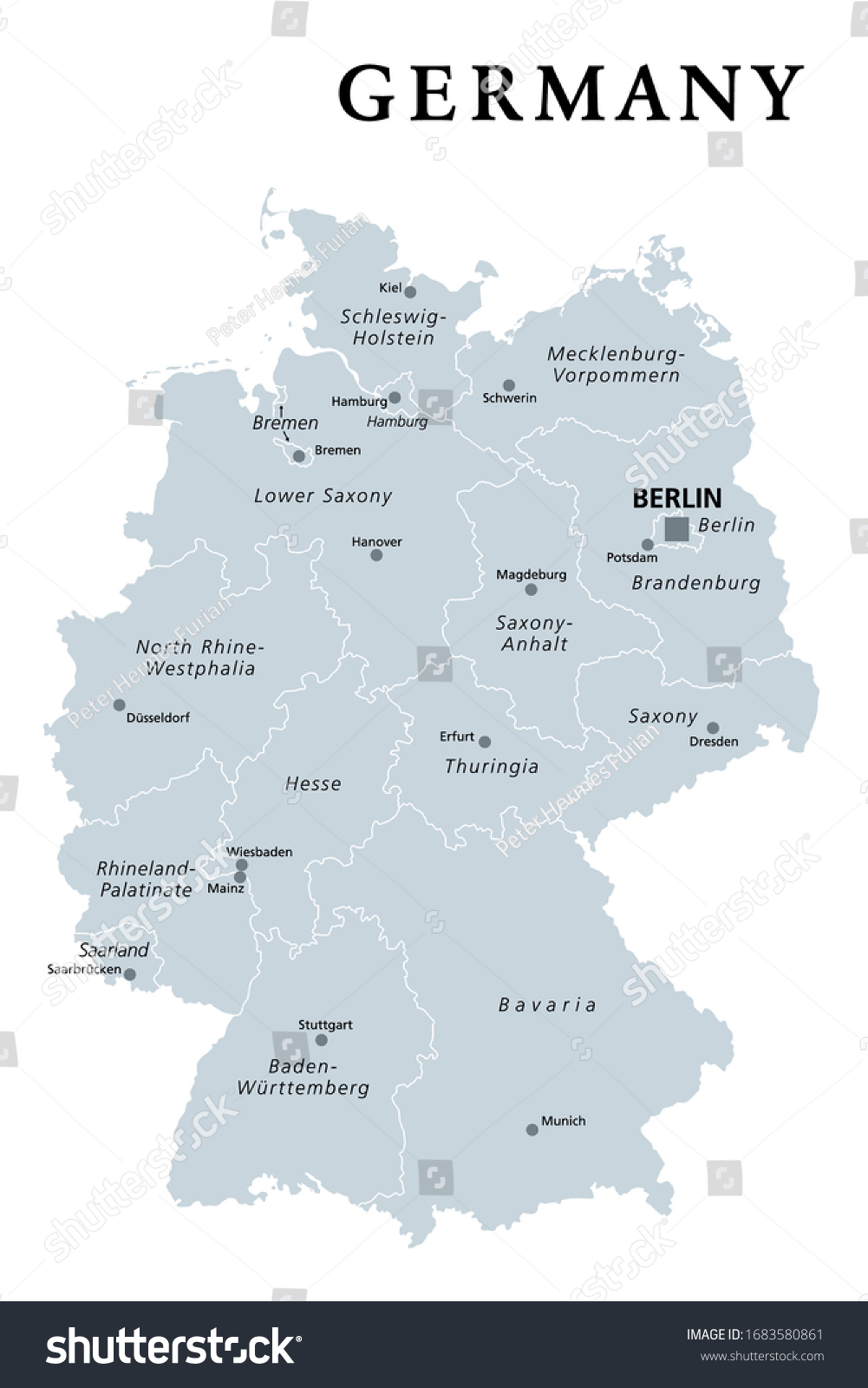 SVG of Germany, gray political map. States of the Federal Republic of Germany with capital Berlin and 16 partly-sovereign states. Country in Central and Western Europe. English labeling. Illustration. Vector svg