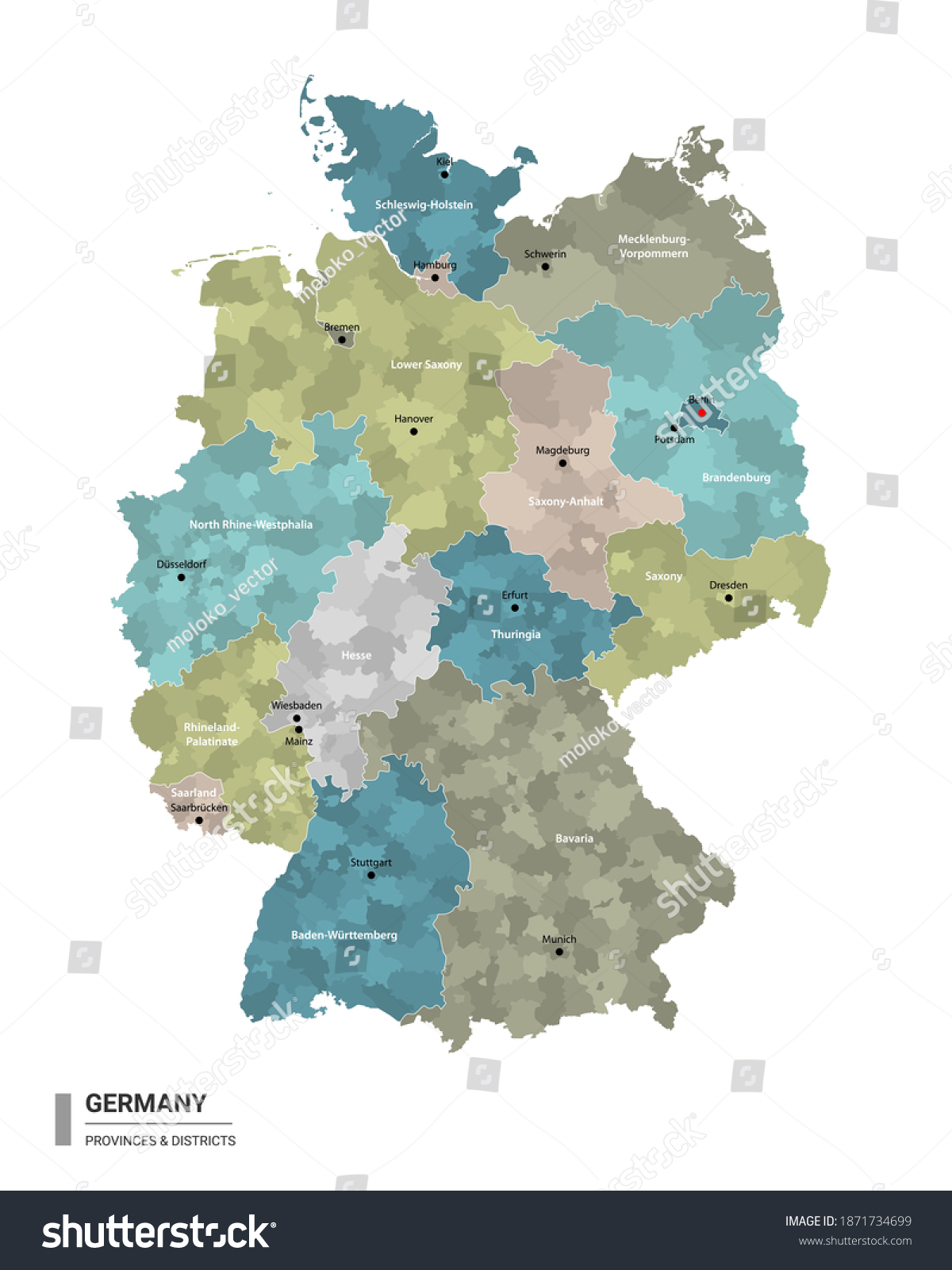 SVG of Germany higt detailed map with subdivisions. Administrative map of Germany with districts and cities name, colored by states and administrative districts. Vector illustration. svg