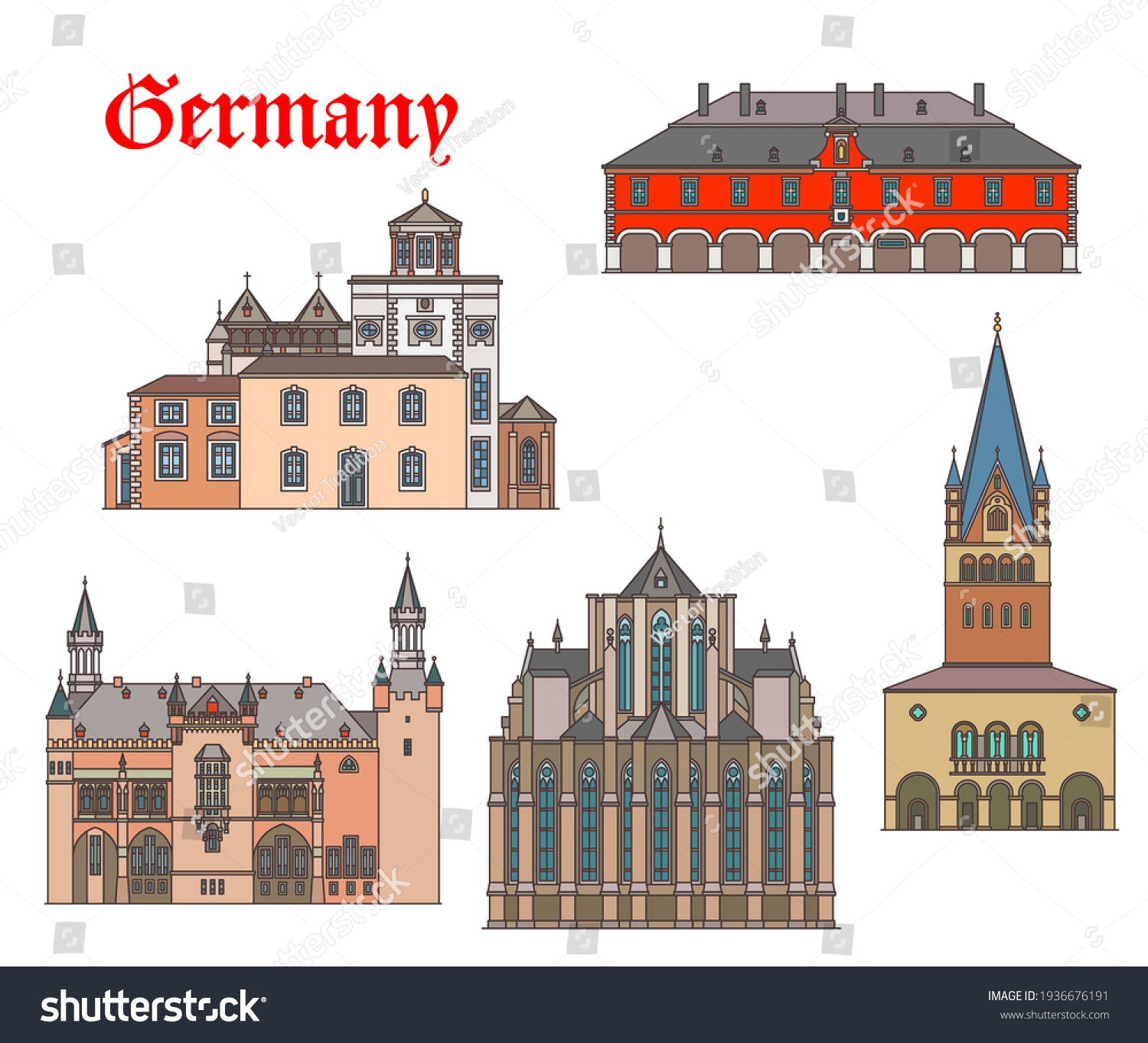 SVG of Germany landmark buildings and cathedrals of Aachen, German travel architecture, vector. Germany St Kornelius kirche, rathaus in Soest, Bergischer Dom cathedral in Altenberg and St. Patrokli church svg