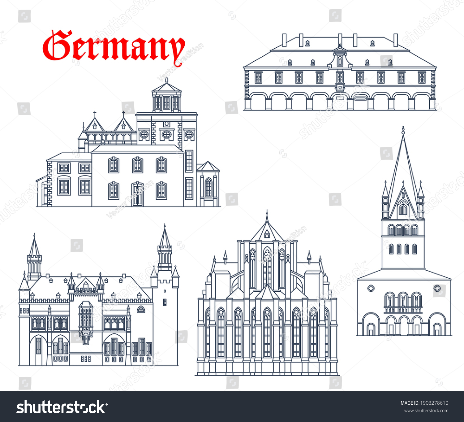 SVG of Germany landmark buildings and travel icons, Aachen churches architecture vector icons. Germany landmarks of Soest rathaus and Altneberg cathedral, Bergischer Dom and St Kornelius and Patrokli church svg